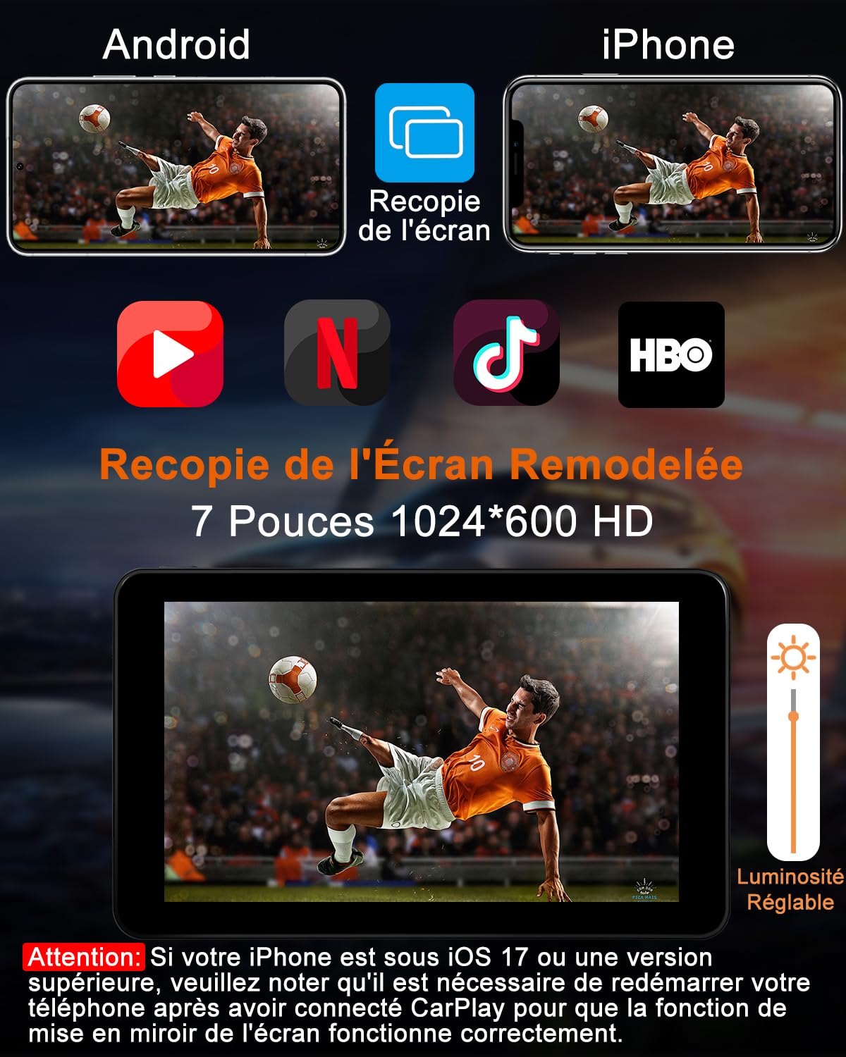 CarPlay Voiture, 7 Pouces Portable Autoradio avec Android Auto sans Fil | Stéréo de Voiture avec Écran Tactile, GPS Navigation, Assistant Vocal, Bluetooth Appels avec Mains Libres, MirrorLink, FM/AUX
