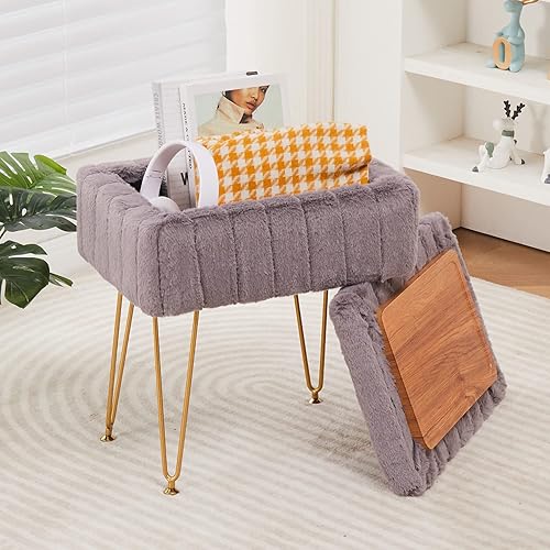 Miniatura 9 de Wimarsbon Otomana de almacenamiento, taburetes de tocador con patas de metal, 16.5 x 11.8 x 18 pulgadas, moderno taburete de piel de visón