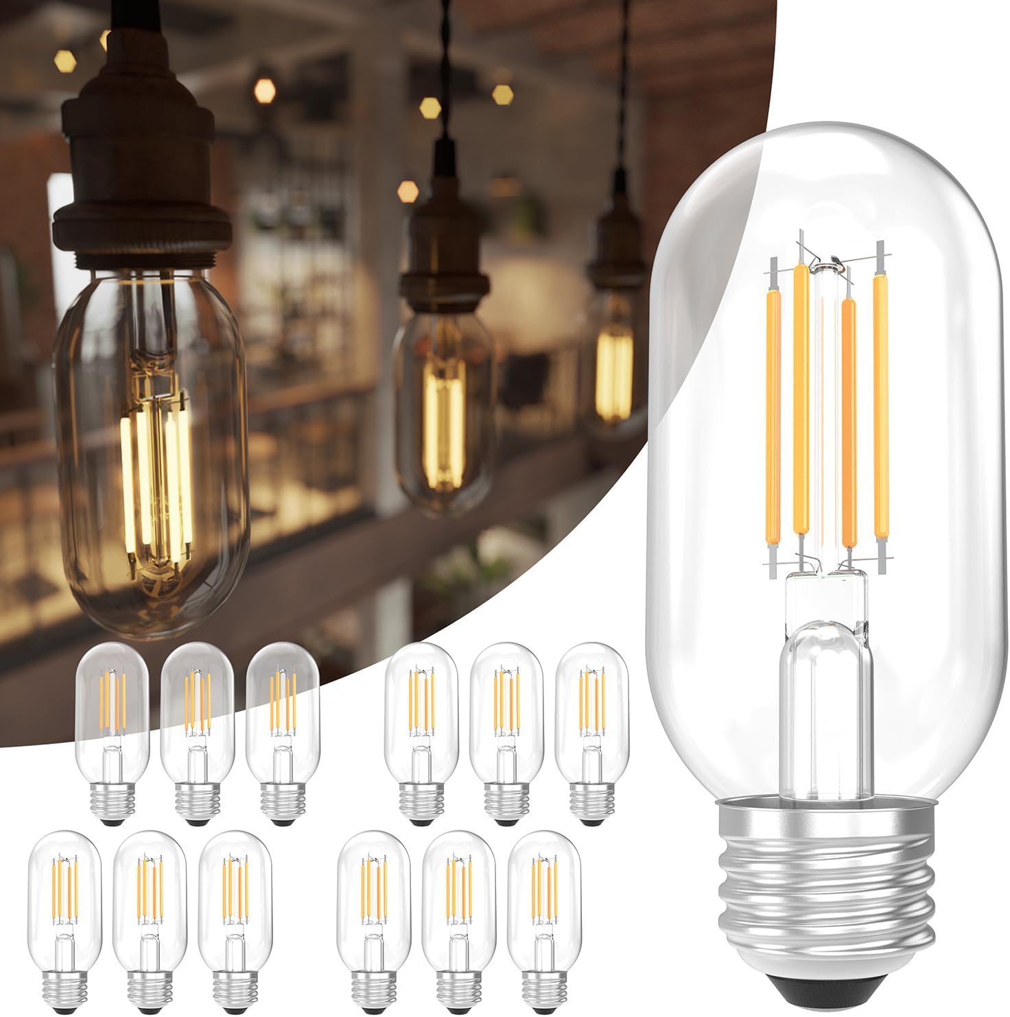 Sunco 12 Pack T45 Edison Bulbs, E26 LED Bulb 60 Watt Equivalent, Filament Vintage Light Bulbs, Clear Decorative Tubular Light Bulb, 7W, 2700K Soft White, Dimmable, 700 LM, Medium Base, Wet Rated UL.