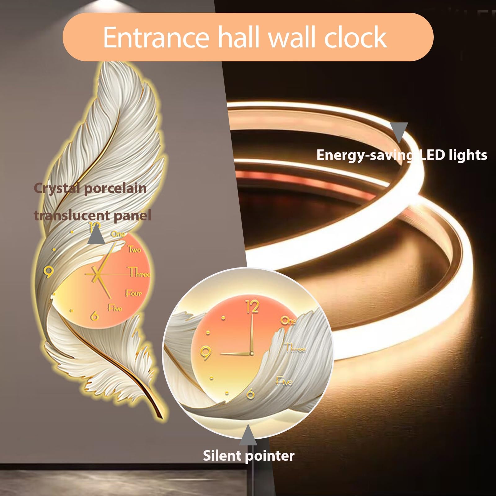 Orologio da parete moderno con decorazione a forma di piuma Orologio in acrilico con luce LED, Decorazione da parete moderna a forma di piuma, per camera letto(Blauw,100cm/39.3in)