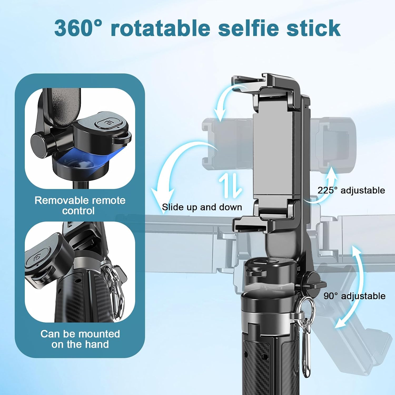 4-in-1 Phone Tripod Stand with Clip, Extendable Selfie Stick with 360° Rotation & 225° Tilt, Portable Foldable Phone Grip Handle for Travel Vlogging Live Streaming and Photography