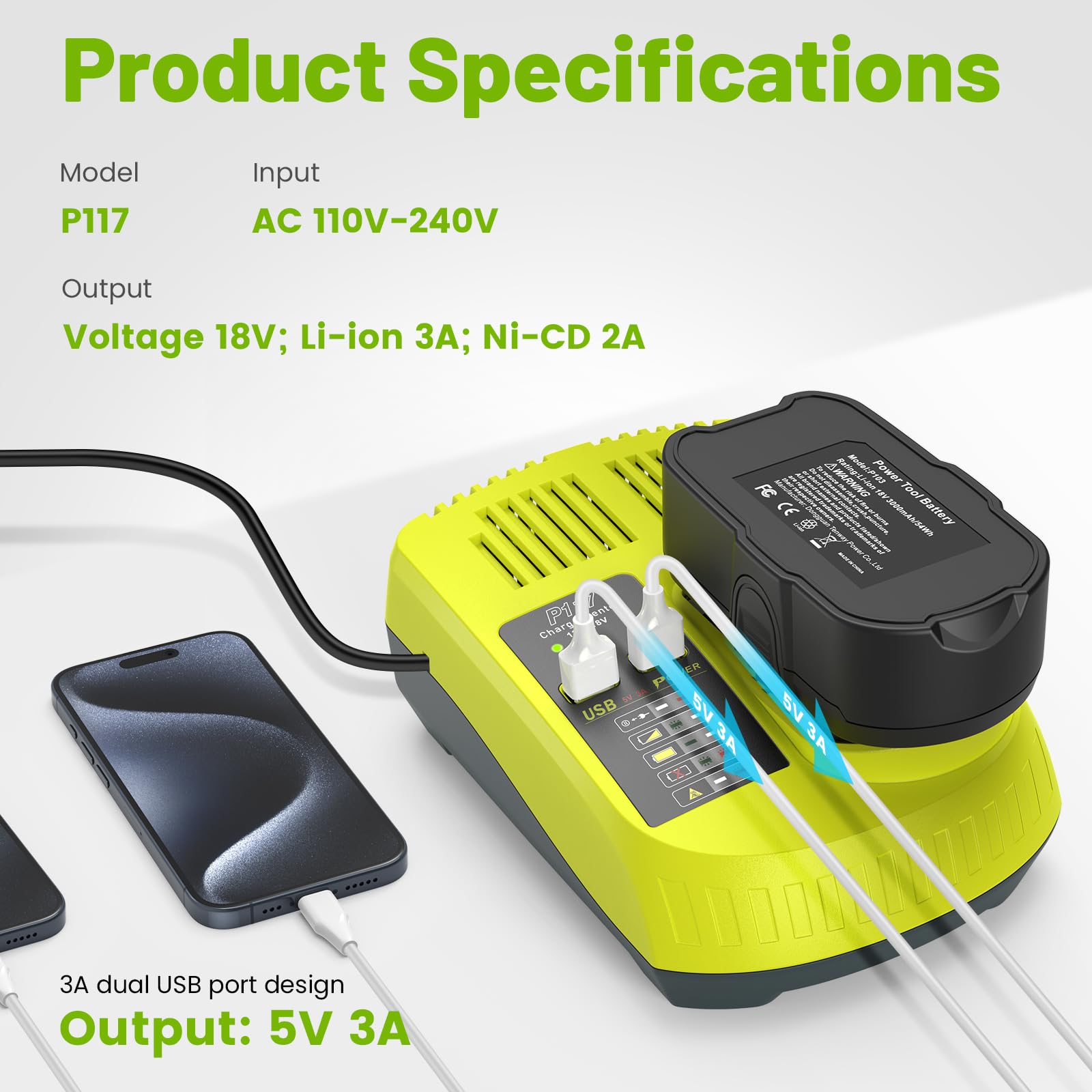 LabTEC P103 Batterie de Rechange 18V 3Ah pour Ryobi BPL1815 P102 P104 P105 P106 avec P117 Chargeur de Port USB Remplacement pour RYOBI 12V-18V One Plus Series, Kit Chargeur USB pour Ryobi P107
