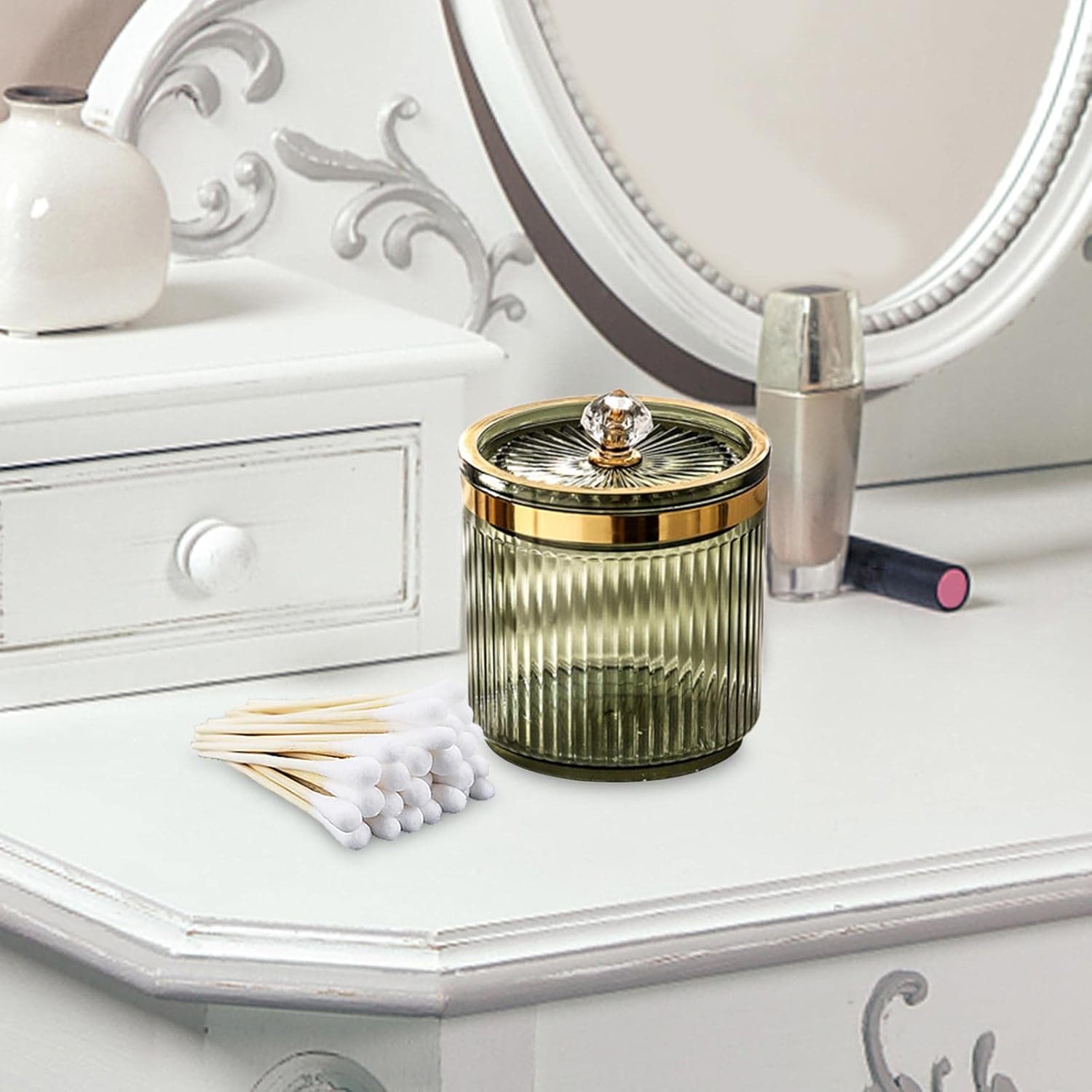 Generic Multifunctional Cosmetic Organizer, Makeup Swab Holder, Makeup Tool Storage Canister Container for Dresser Bathroom Vanity, Green, 8.5cmx11cm - Image 5