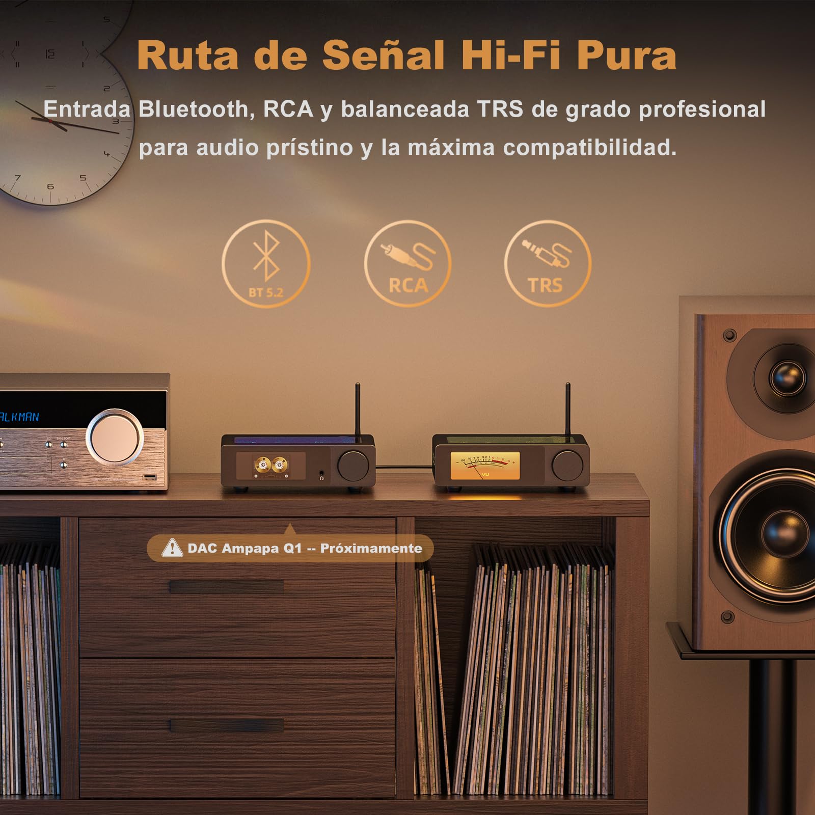 Amplificador Bluetooth HiFi: Amplificador Estéreo con BT 5.2 | HPF | Medidor Digital VU | Sub Pre-Out | Entrada TRS Equilibrada | Control de Tono y Control Remoto para Cine en Casa y Sistema de