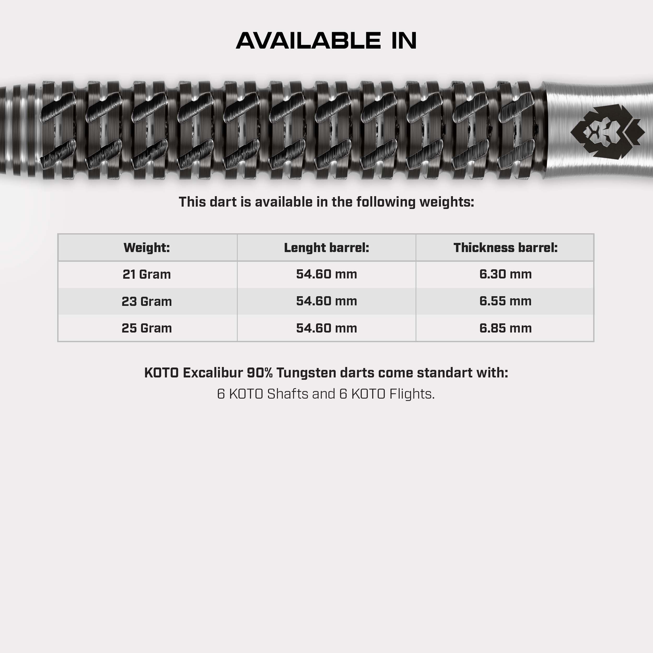 KOTO - Excalibur 90% Darts 21 G, Negro y Plata, Set de Dardos Incluye 3 Barriles, Flights + Shafts y Estuche para Dardos