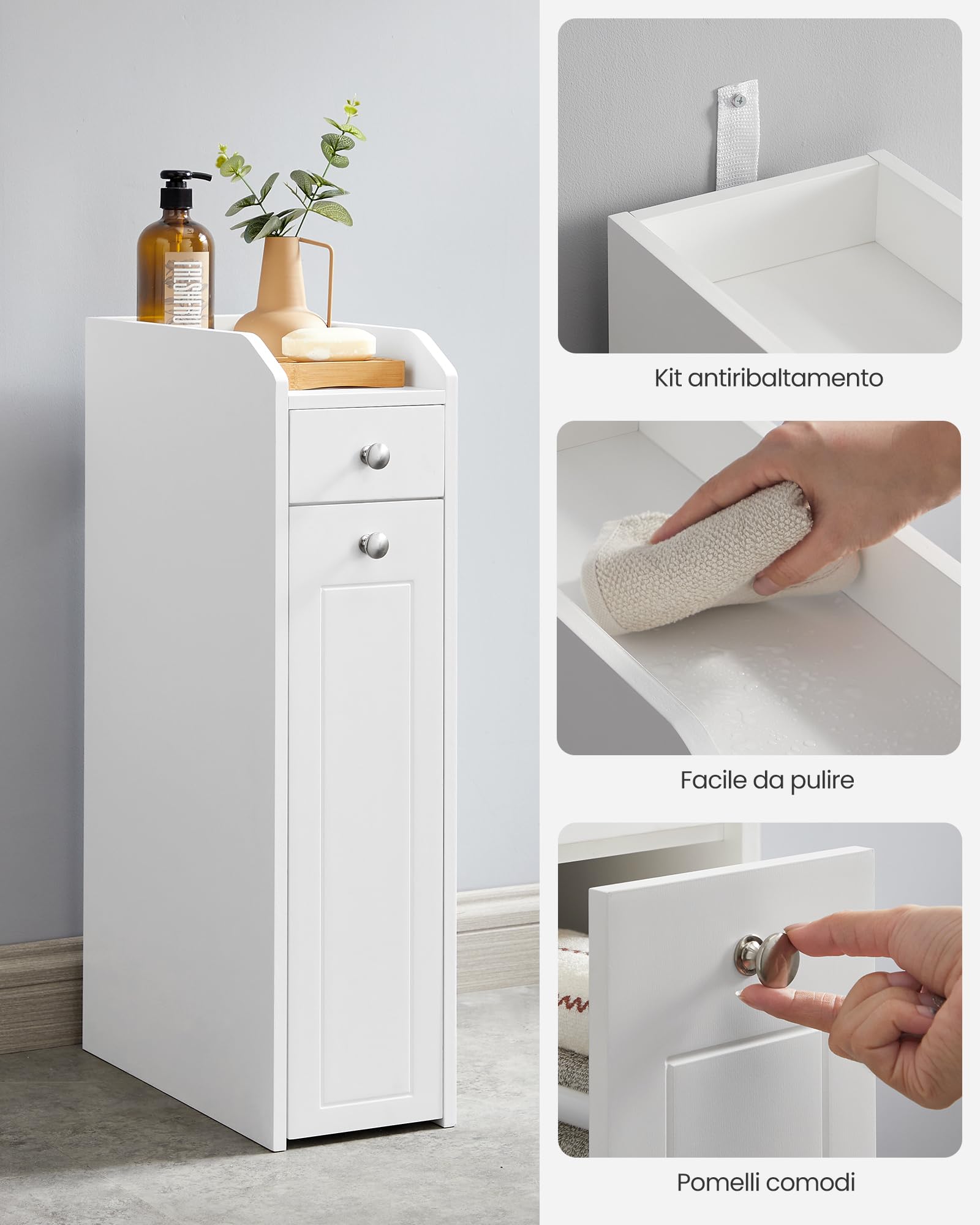 VASAGLE Mobile da Bagno, Mobiletto Salvaspazio, Mobiletto a Colonna, Porta Carta Igienica, con Cassetti, per Piccoli Spazi, Bianco BBC847P31
