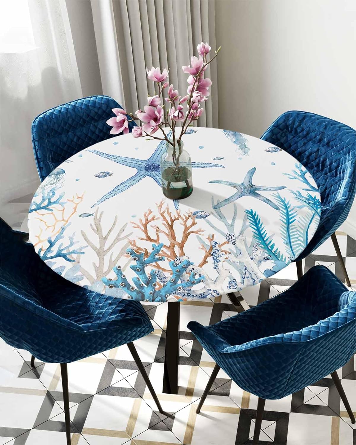 Round Dining Table Cover for 45"-54" Tables Outdoor Table Cloth Waterproof Wipeable Tablecloth Summer Ocean Starfish Coral White Table Cover with Elastic Edge for Spring Summer Party