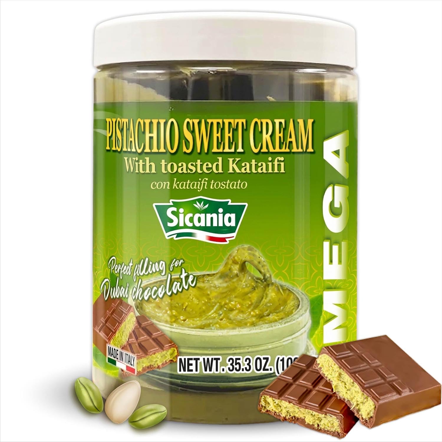 SICANIA - Dubai Pistachio Chocolate Bar Filling - Premium Pistachio Cream Crunchy Spread 2.2 lb (1kg) - Pistachio Cream with Crispy Kataifi Bulk Size - Authentic Italian, Gluten-Free, Non-GMO - Gourmet Spread for Desserts, Pastries, Dubai Pistachio Chocolate Bar, Baking & More