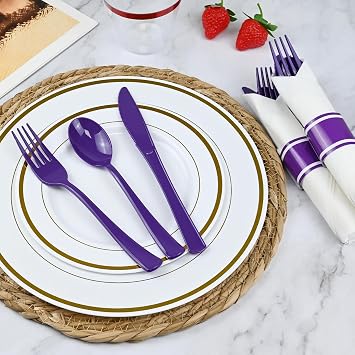 100 Pack Pre Rolled Purple Plastic Silverware with Napkins
