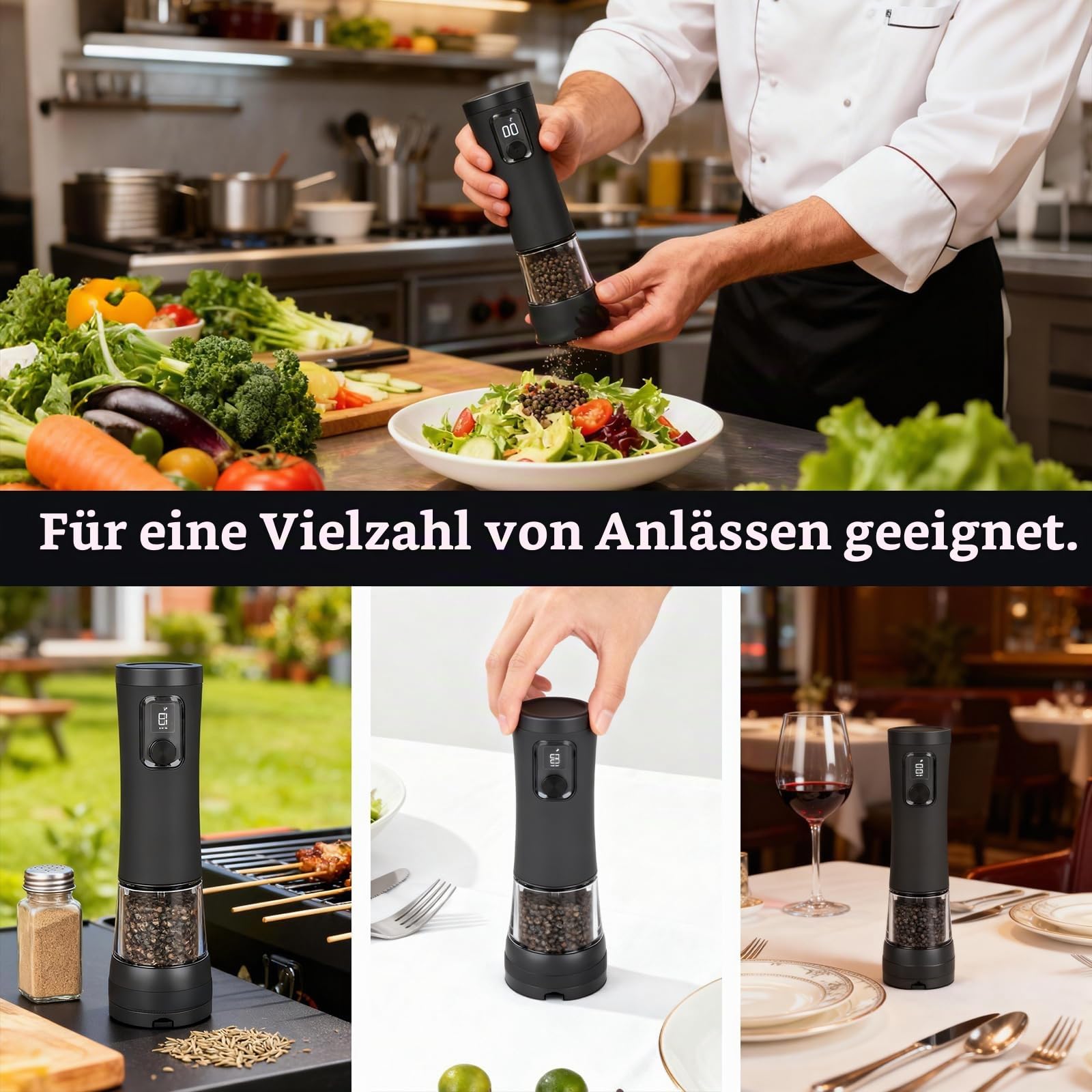 Elektrisches Salz und Pfeffermühlen Set 2-teilig, USB Wiederaufladbar mit Doppelladestation & LED-Anzeige, 95ml Fassungsvermögen, 5-stufig einstellbares Keramikmahlwerk, Küchengeschenk