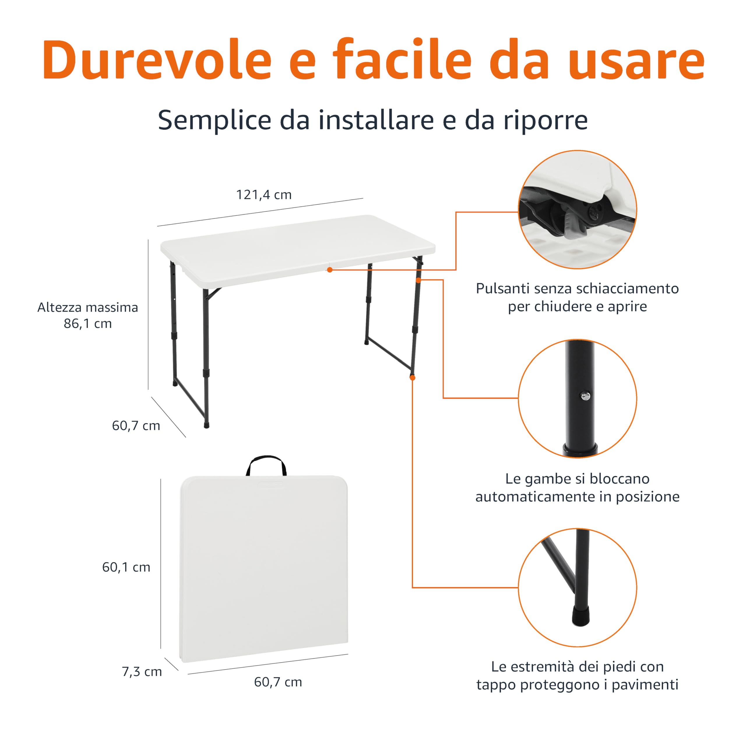 Amazon Basics Tavolo pieghevole rettangolare, 1,2 m, 4 regolazioni di altezza, portatile, con maniglia, per interni ed esterni, leggero, da viaggio, picnic, campeggio, bianco, 121,4 x 60,7 x 86,1 cm
