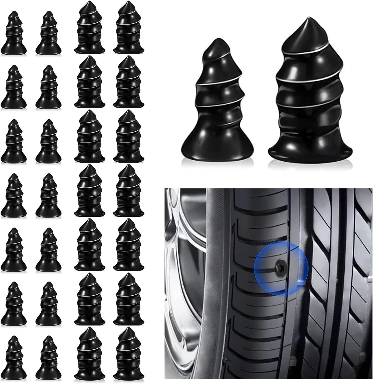 Pack-30 Car Tire Repair Screw Kit, 2 Specifications of Quick Vacuum Self-Service Tire Repair Nails, Tight Fit and Perfect Sealing Waterproof Tool, Universal for Cars Motorcycles Trucks (Black)