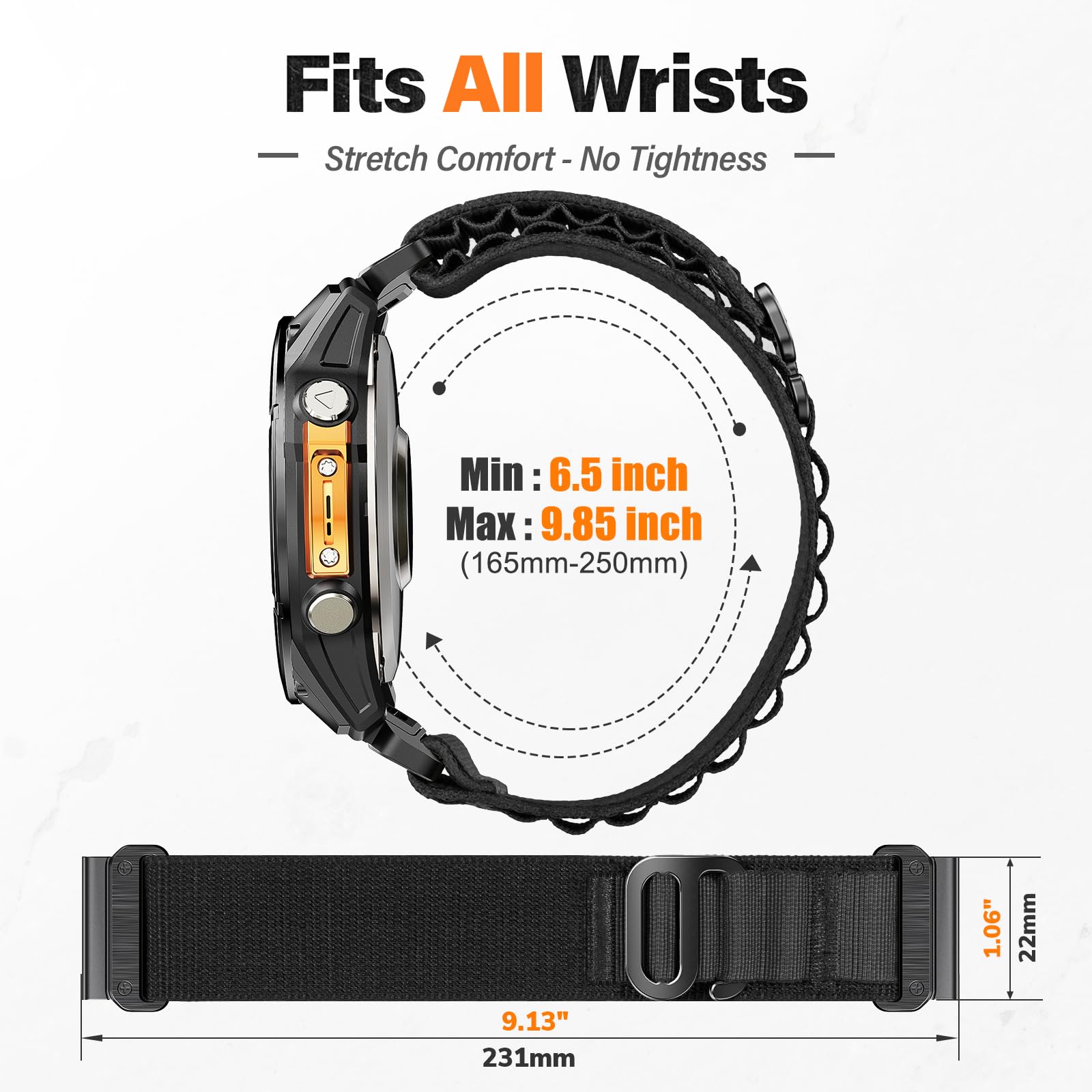 Alpine Loop Nylon Watch Band Compatible with Garmin Fenix 5/6/7/8 47mm, Quickfit 22mm Rugged Watch Bands for Garmin Epix Gen 2/Fenix 8 Pro 47mm/7 Pro/6 Pro/5 Plus/Forerunner 935/S62(Black)