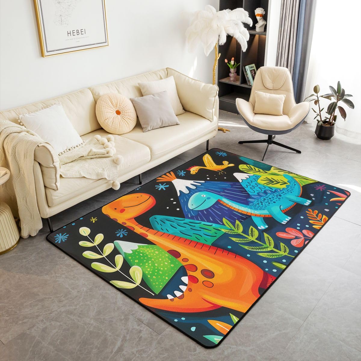 Tapis Salon 150x200cm Dinosaures Tapis D Intérieur Prehistoric Antidérapant Doux Lavable Mignon Dessin Animé Dino pour Salon Chambre Animaux Sauvages Salle À Manger Cuisine Vert Plantes