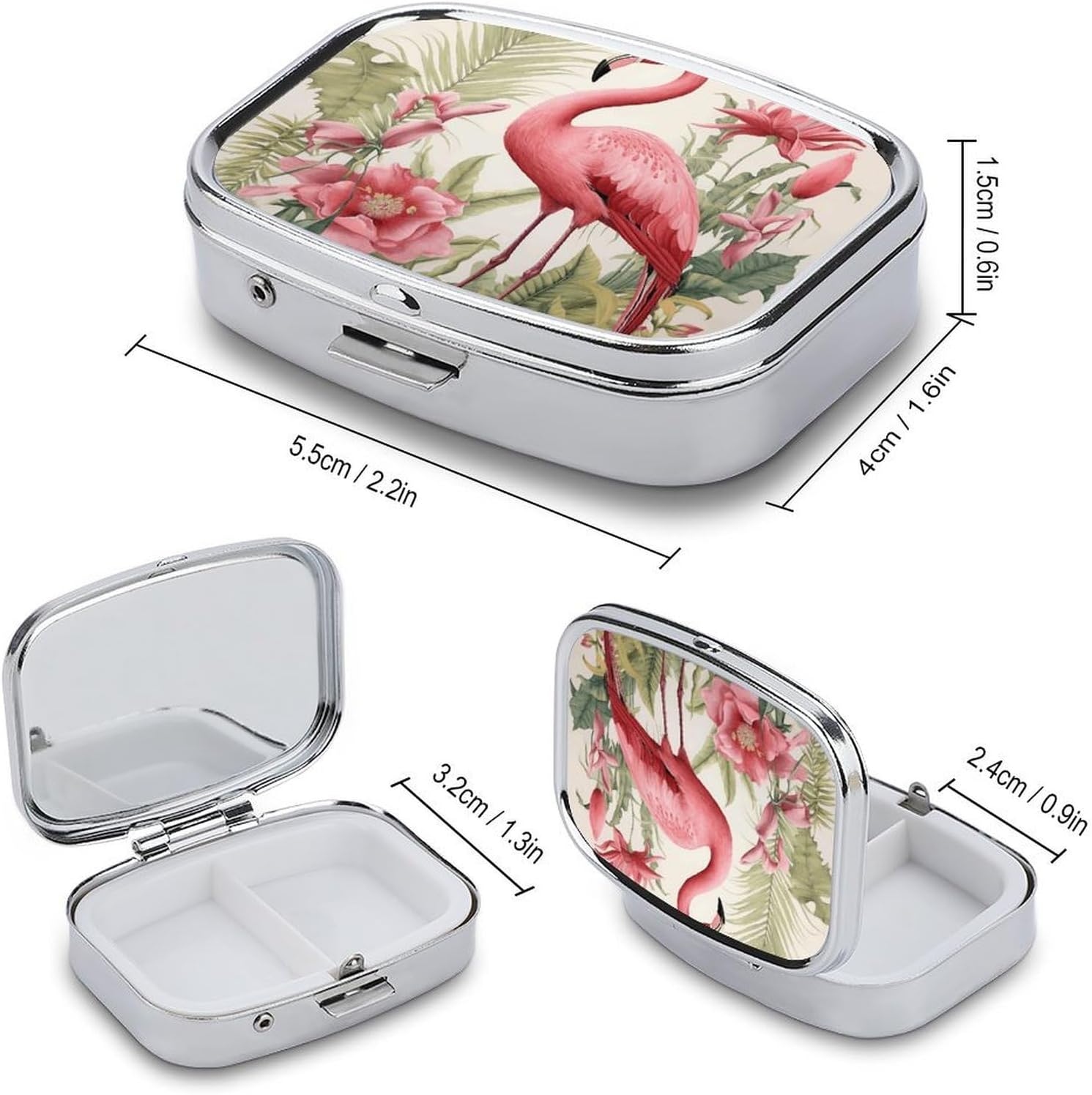 Flamingo and Leaves Square Pill Case, Metal Pill Organizer image 2