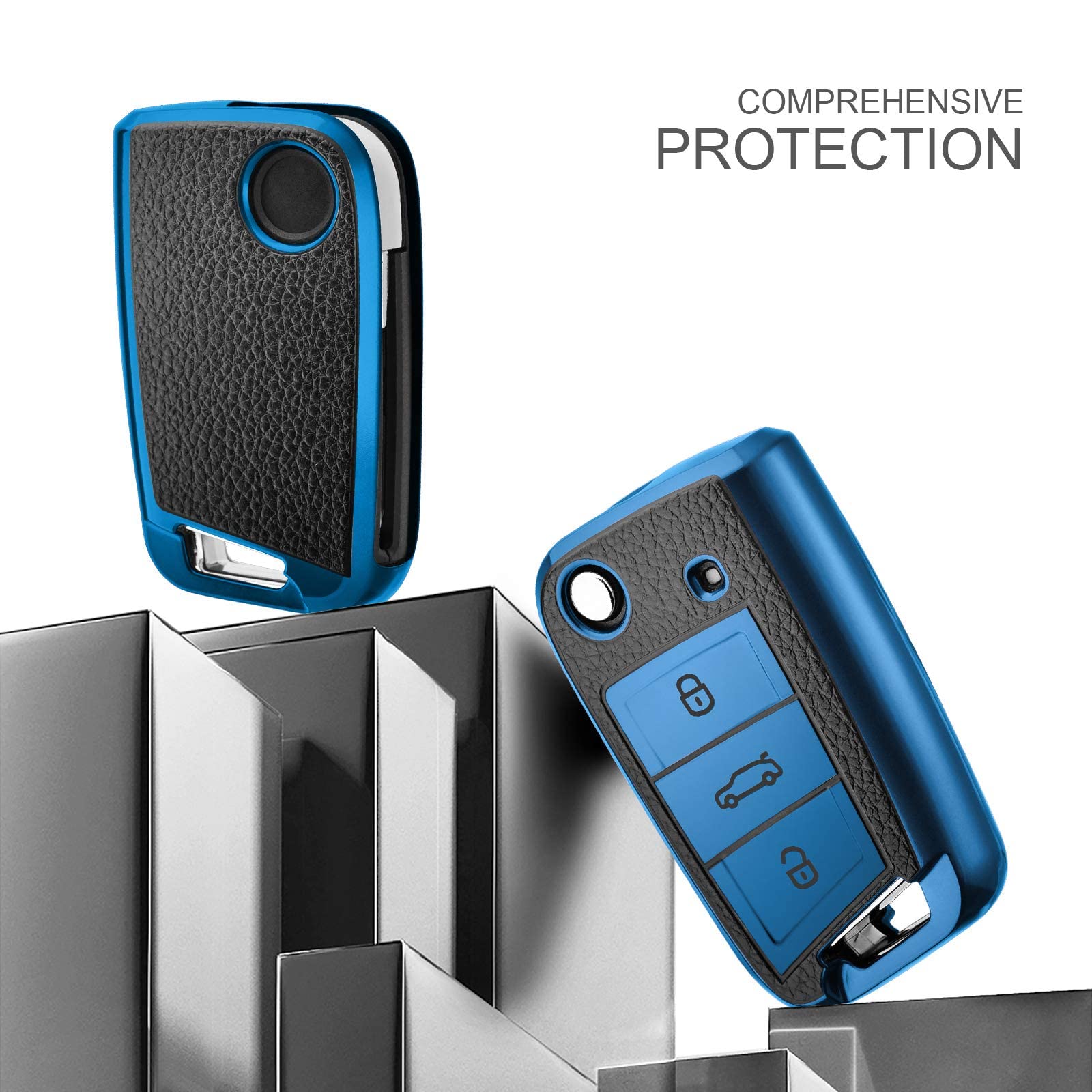 OATSBASF Car Key Case Key Case, Key Box Cover 3 Buttons (blue leather) — view 7