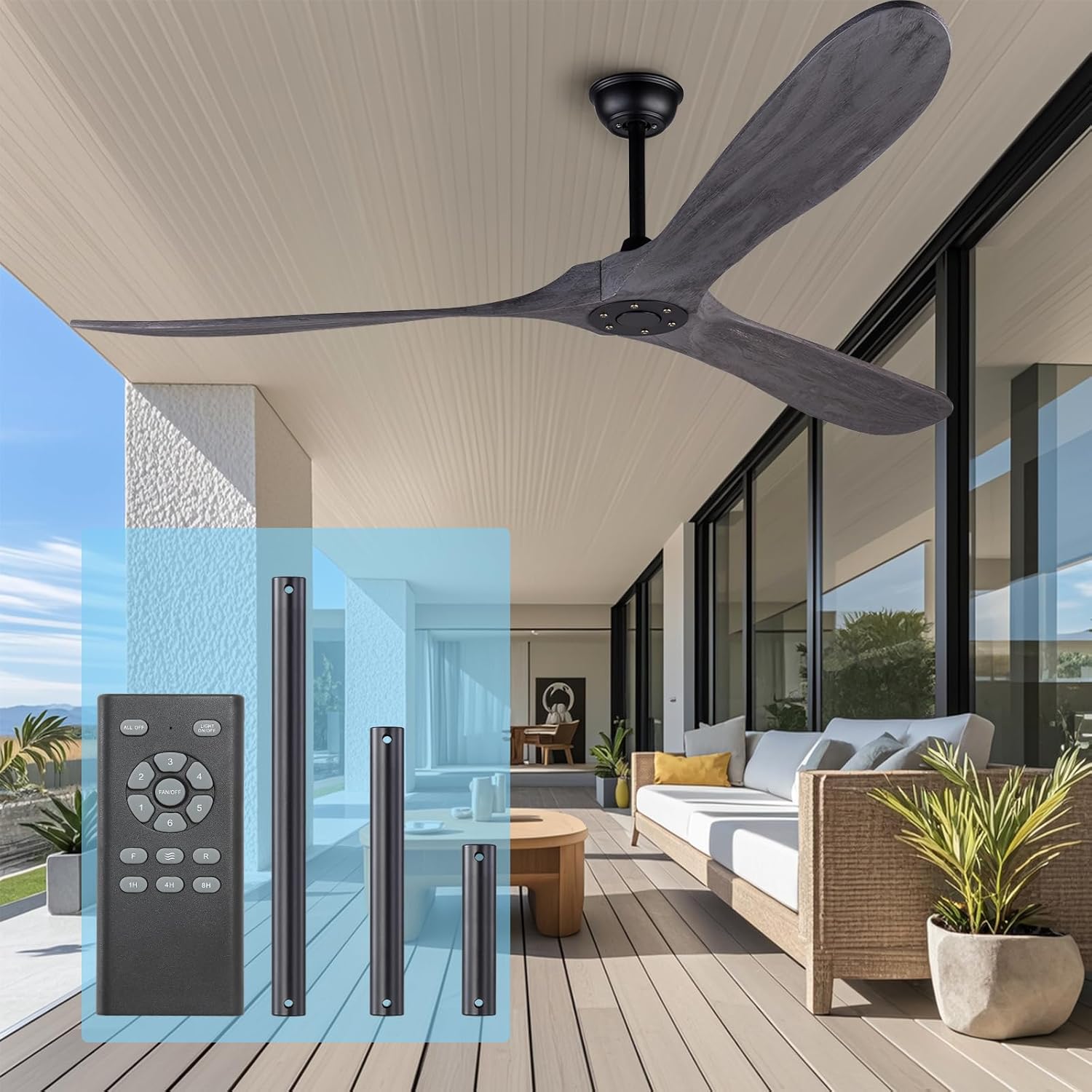 72 inch wood outdoor ceiling fan with remote (no light) – grey