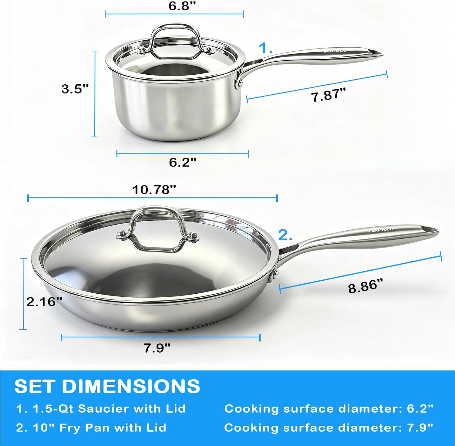 Stainless Steel Pots and Pans Set,10" Tri-Ply Frying Pan with Lid(25% Thicker–Warp Resistant)1.5QT Saucepan,Even Heat PFOA-Free & PTFE-Free,Oven & Dishwasher Safe,Induction Compatible