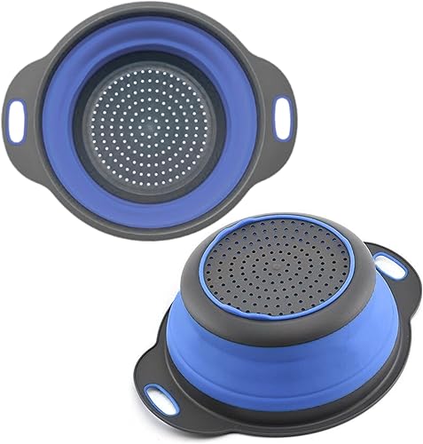 Colador redondo de silicona azul plegable  Colador de cocina plegable pequeño colador plegable azul con asas de plástico para drenar verduras y