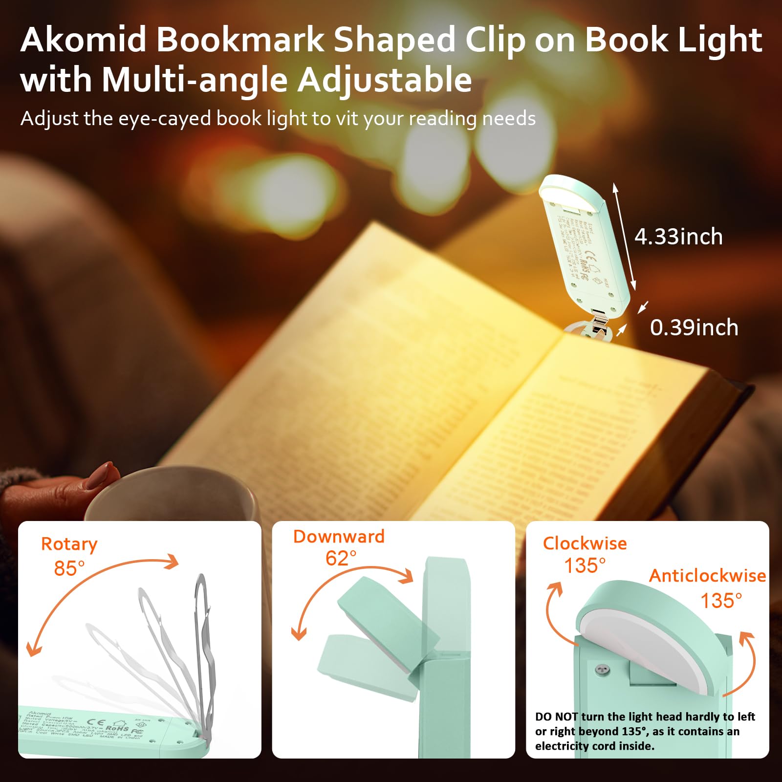 Akomid Lampe de lecture rechargeable par USB, à clipser, lumière ambrée pour lire au lit des enfants, 8 LED, intensité variable en continu, turquoise