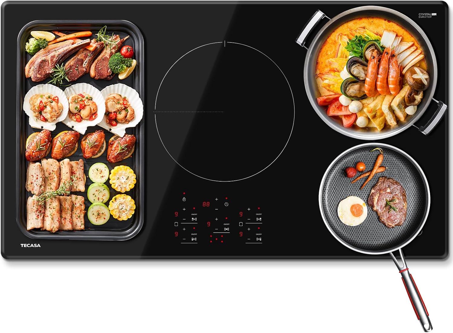 TECASA 36-inch Induction Cooktop with various dishes cooking on it.