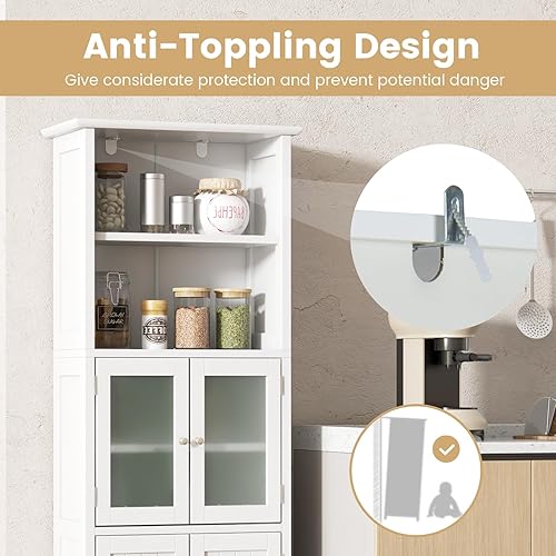 Miniatura 6 de COSTWAY Armario alto de almacenamiento para baño, armario de despensa de cocina independiente con puertas de vidrio y estante ajustable, gabinete de