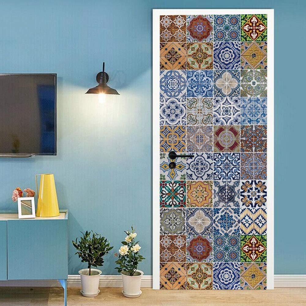 Autocollant porte 3D amovible style indien 73x205cm pour déco cuisine et salle de bain