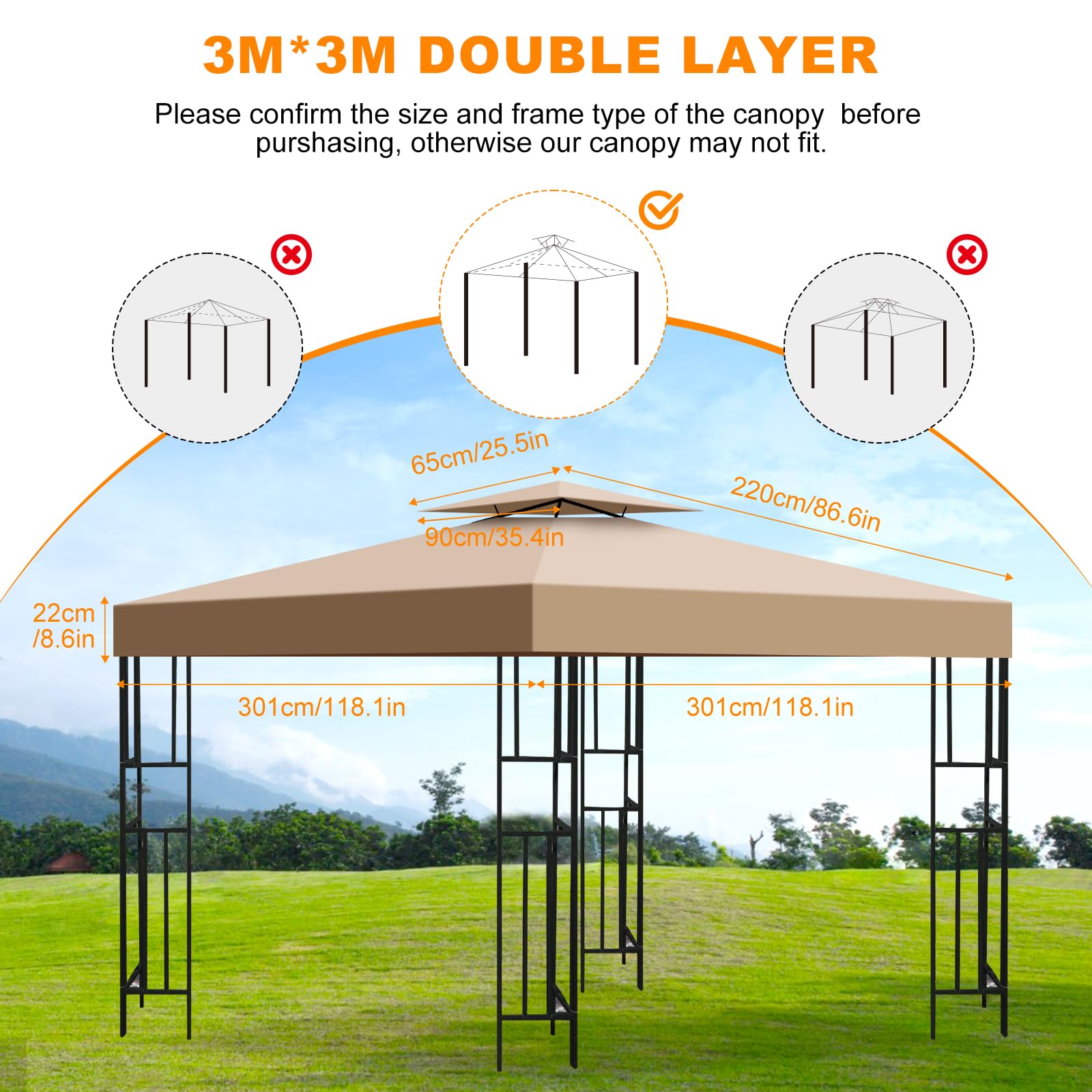 Telo Gazebo 3x3 m Impermeabile Anti-UV, 2 Livelli Tetto di Ricambio per Gazebo, Tenda da Sole Gazebo Rimovibile, 300D Poliestere Telo Ricambio Gazebo per Giardino, Patio, Esterni (Cachi)