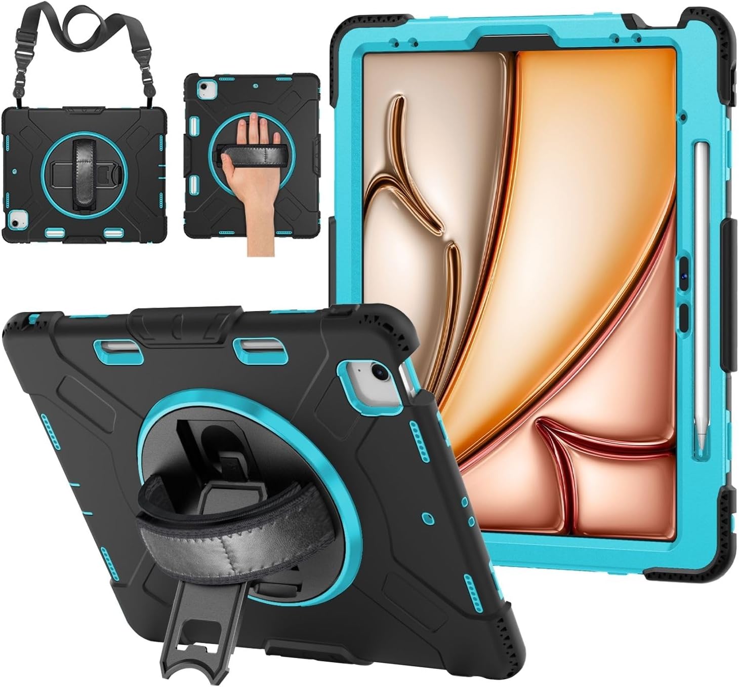 TNP Protective Case for iPad Air 13 Inch M2 6th 2024 & iPad Pro 12.9" 6th/5th/4th/3rd Gen (2022 2021 2020 2018) - Shockproof Cover w/Pencil Holder, Handle, Adjustable Stand & Shoulder Strap, Mint