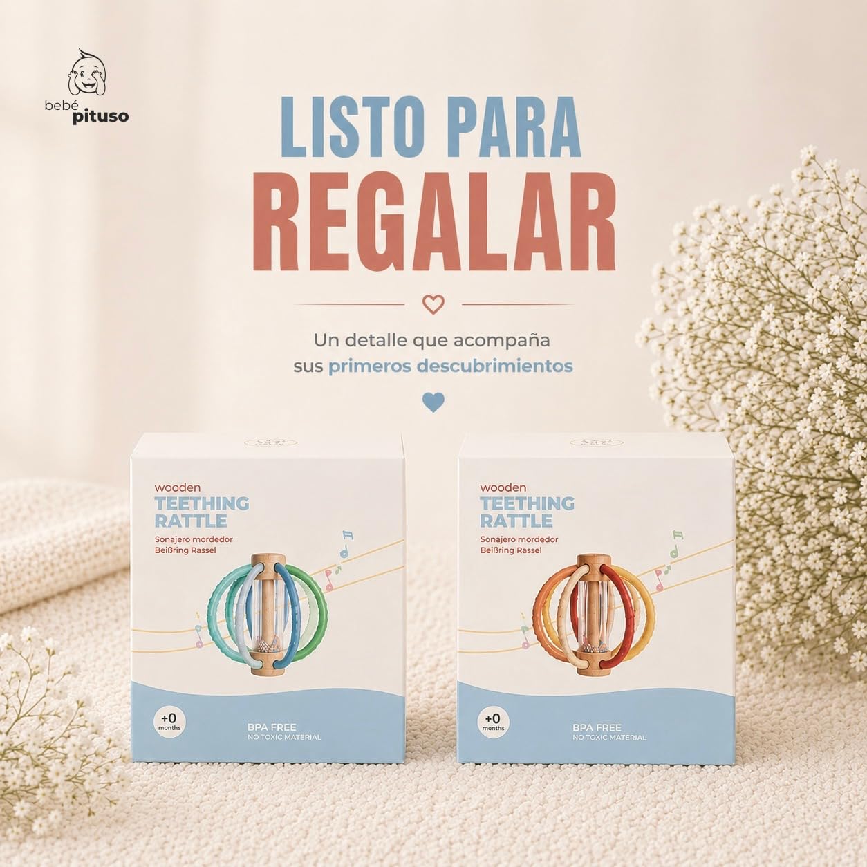 Sonajero Mordedor con Palo de Lluvia Bebe | Montessori bebe 0-6 meses y 6-12 meses | Mordedor de Silicona y Madera para Alivio de las Encias | Juguete Estimulación temprana y Tummy Time (Blue Ocean)