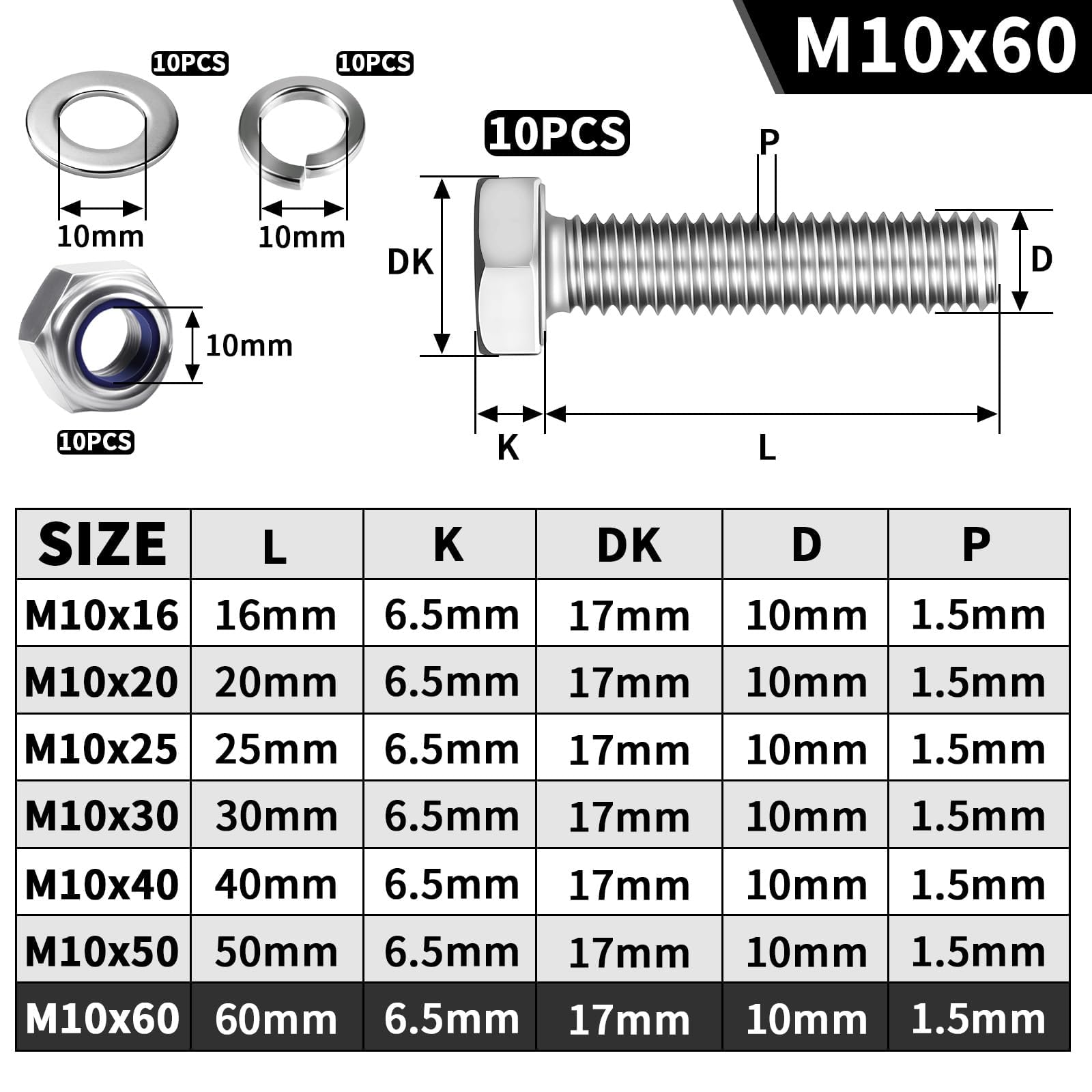 Mbsomnus 10 Pcs Bolts and Nuts Set M10x60 mm Hex Head Lock Nuts 304 Stainless Steel DIN 933 Machine Screws with Nylon Nut Flat Lock Washers for Furniture Machinery Car Bike Ship 3D Printing - Image 2