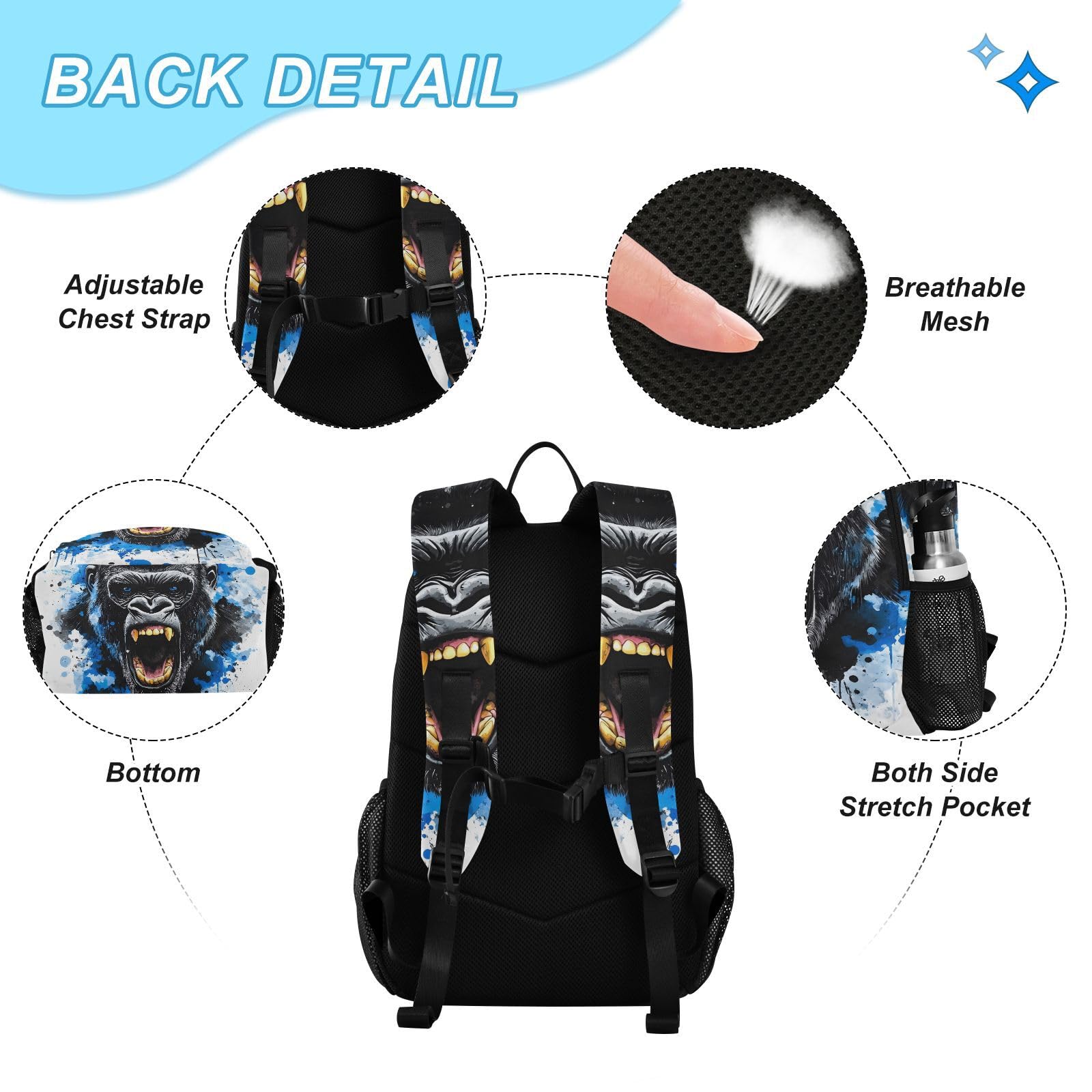 ALAZA King Kong - Set zaino e borsa per il pranzo con viso blu, per ragazze e ragazzi, borsa per la scuola, librerie, zaino elementare, zaino casual