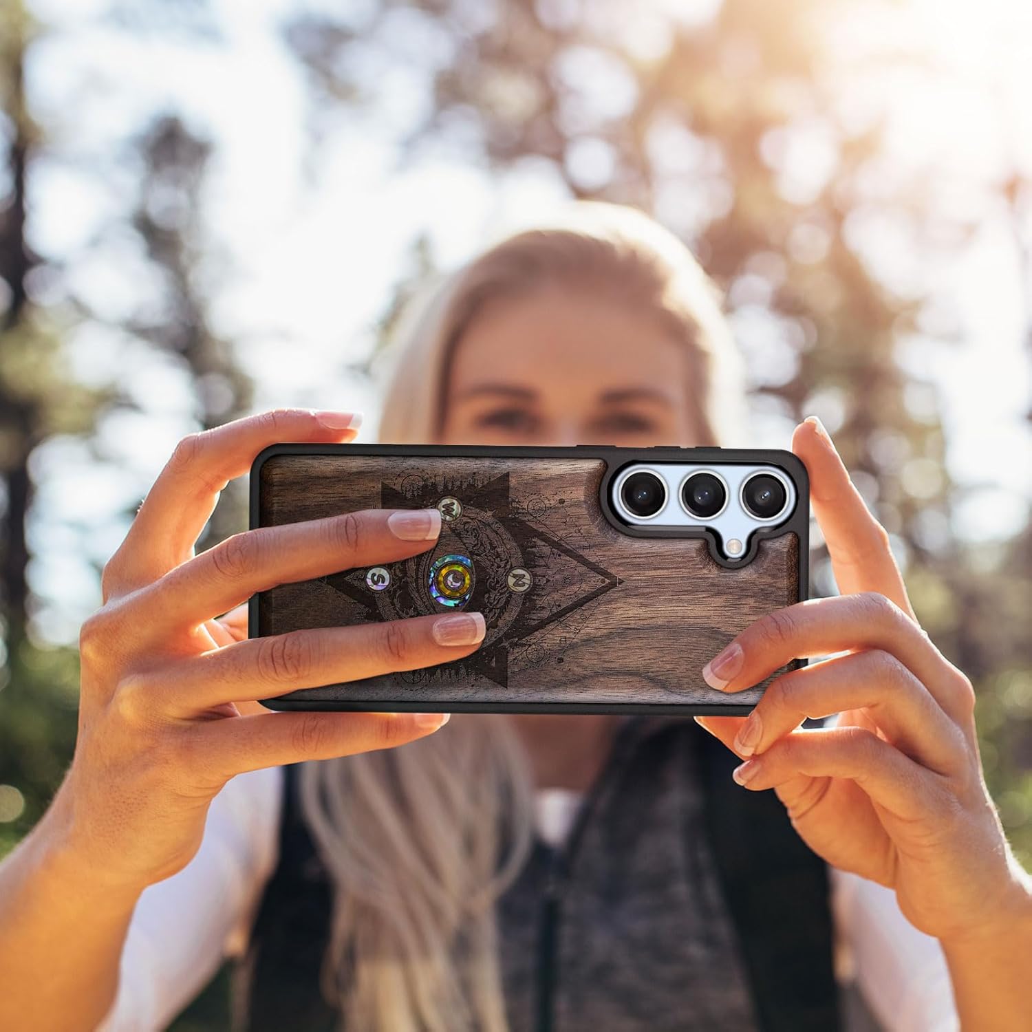 Carveit Designer Wooden Case for Samsung Galaxy S24 FE Case [Wood Engraving & Shell Inlay] Compatible with Wireless Chargers S24 FE Cover (Storm Eye-Walnut)