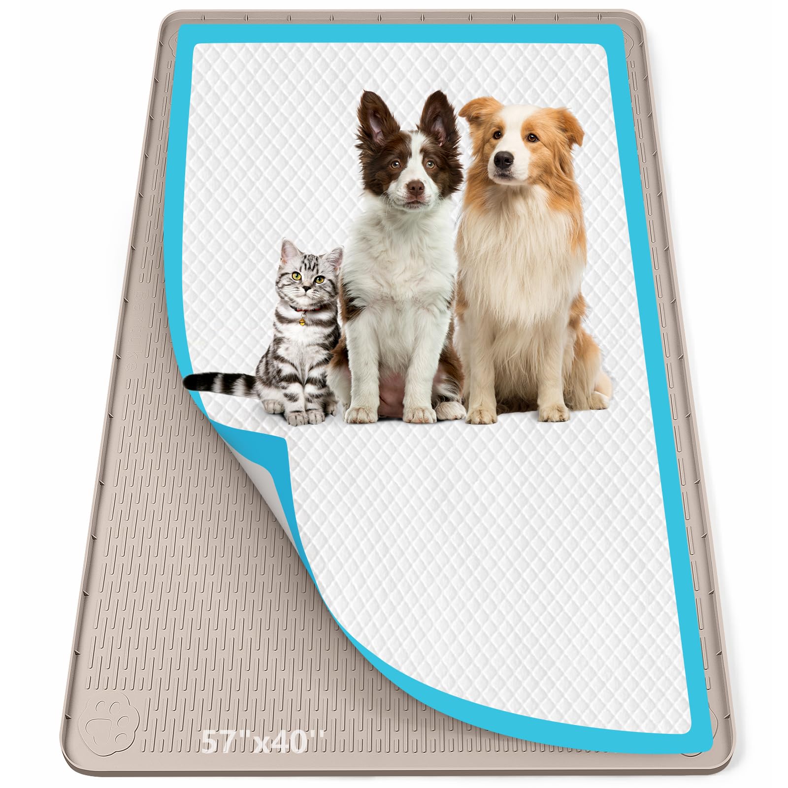Bartuke Pee Pad Holder for Dogs, 57" x 40" Silicone Pee Tray Mat Leak-Proof, High Edge, No Spill Pet Pad Holder for Puppy, Cat, Rabbit, Training Pads for Floor Protection, No Pee Pads (Khaki)