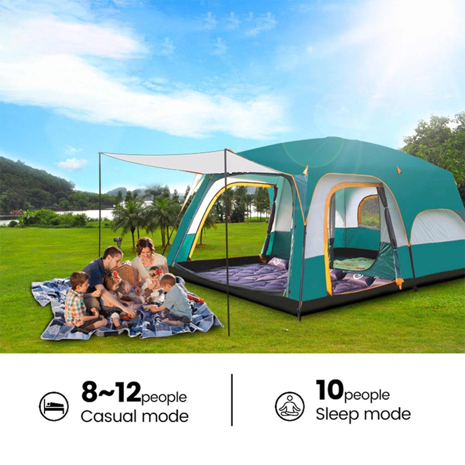 Tienda de Campaña Extragrande para 8-12 Personas, Familiar Portátil de Dos Habitaciones y Un Salón (430x305x200cm), Oxford Resistente al Sol, Verde Oscuro, RARA