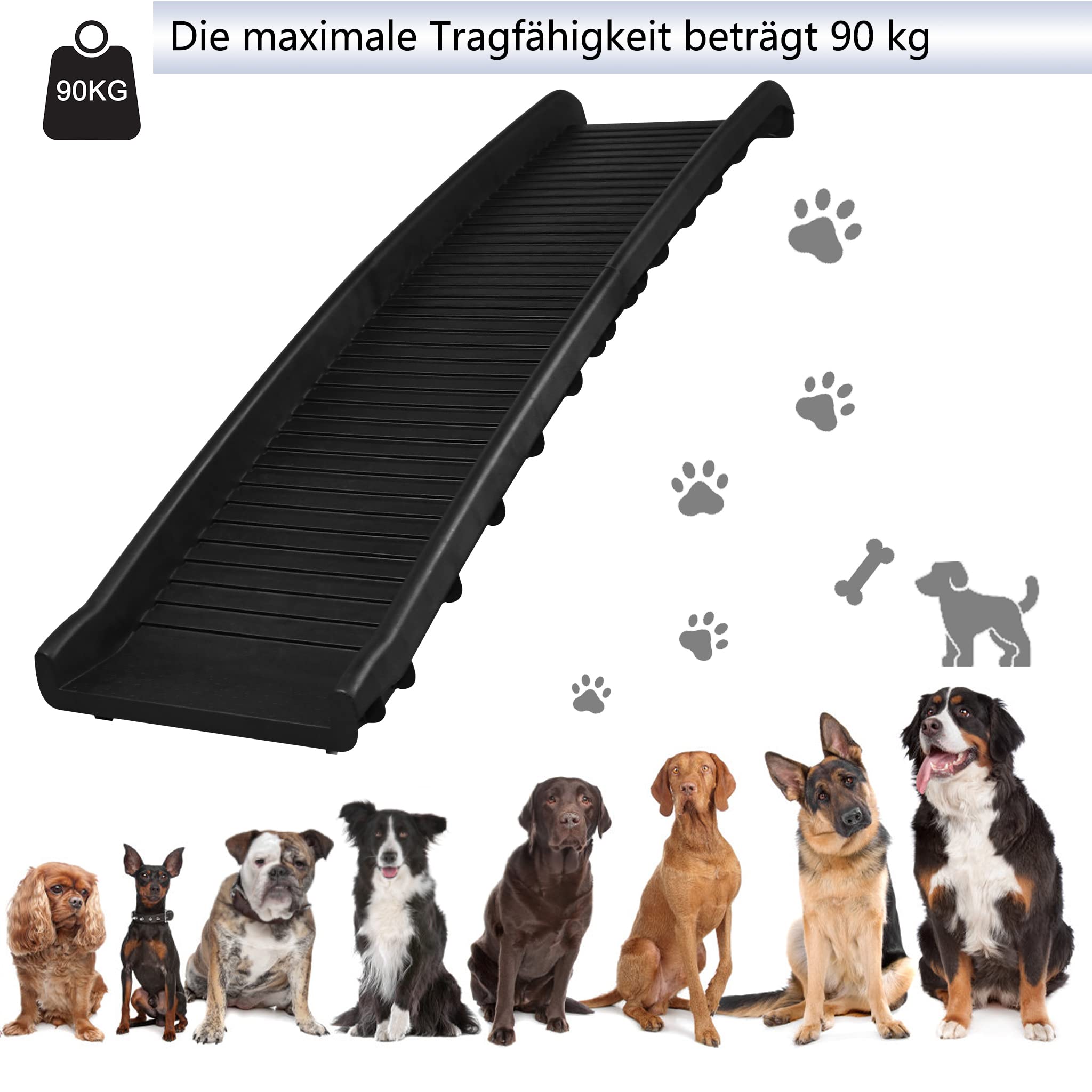 AufuN Rampe pliable pour voiture, escalier robuste avec surface antidérapante, charge maximale : 90 kg, 156 x 40 cm, noir, pour grands et petits chiens