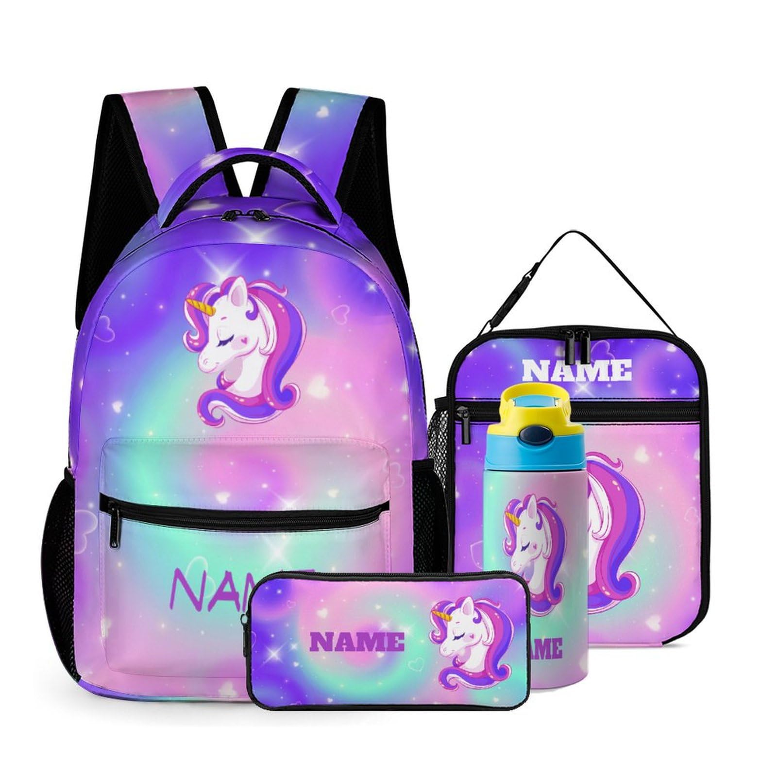 MLIANCEN Custom Unicorn Galaxy Backpack Set 4 in 1 Personalized Add Your Name School Bag with Lunch Bag Pencil Case Water Bottle Customized Backpack