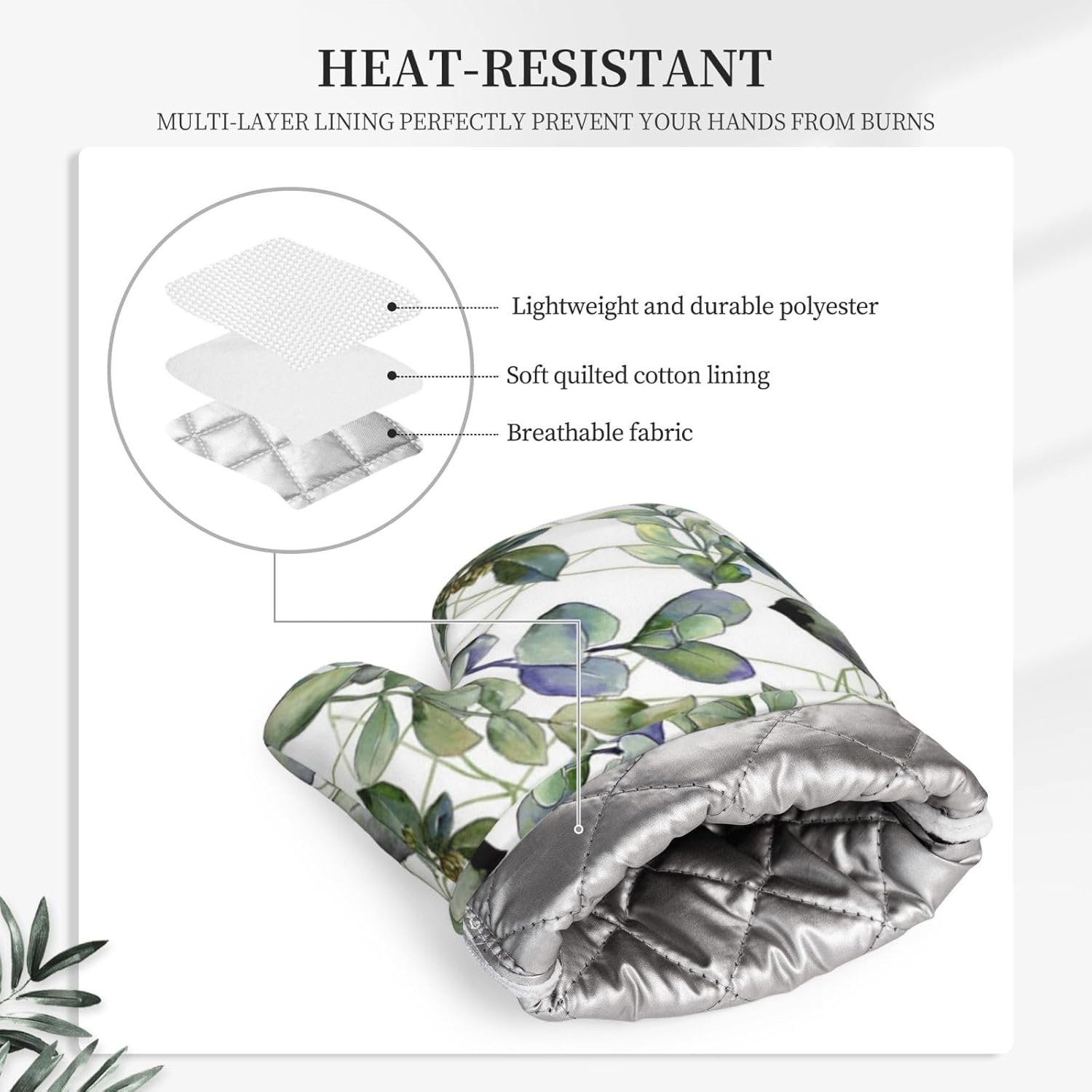 Green Eucalyptus Leaves Oven Mitts and Pot Holders Set of 4 Heat Resistant Kitchen Gloves with Silicone Palm Hot Pads for Baking Cooking Grilling BBQ