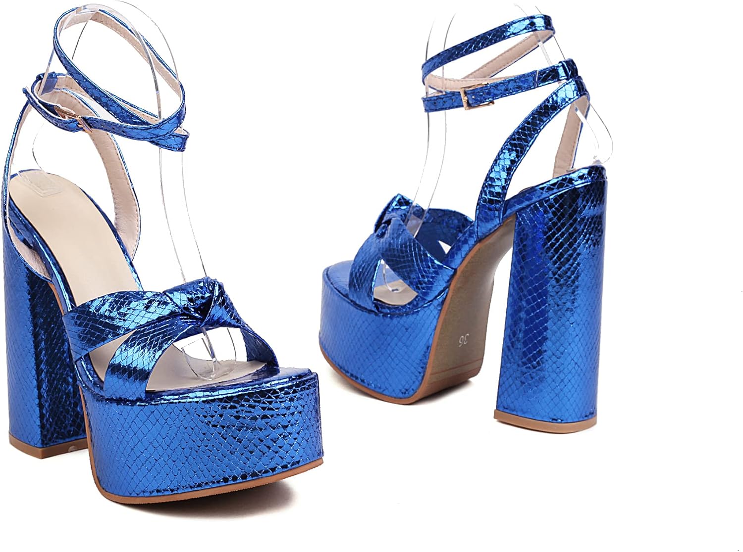 YIYA Women's Metallic Platform Chunky Heeled Sandals Open Round Toe Strappy Heels Ankle Strap Wedding Party Dress Shoes - Image 3