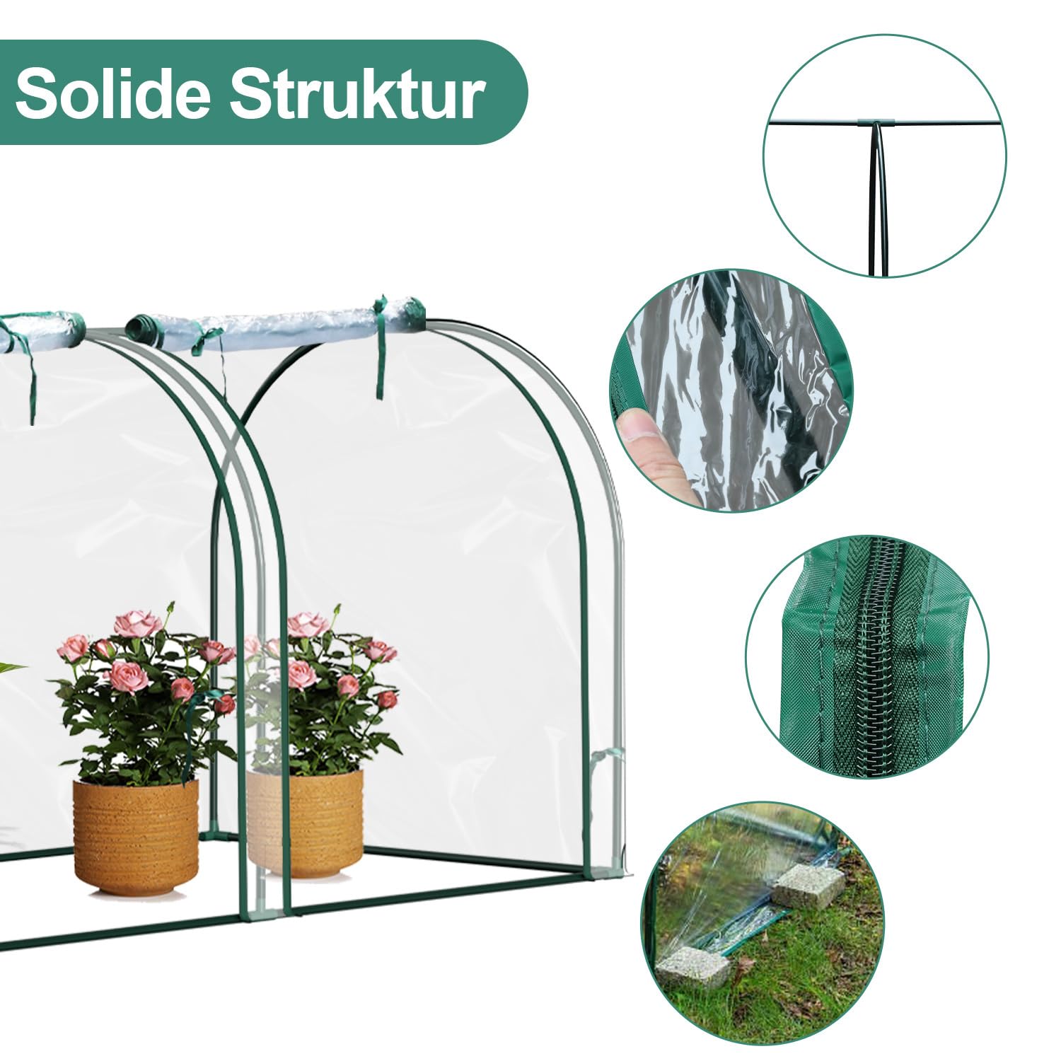 Odporna na działanie promieni UV, odporna na działanie warunków zimowych, foliowa szklarnia ze zwijanymi ścianami bocznymi, stalowa rama, 270 x 90 x 90 cm, szklarnia na pomidory, do warzyw