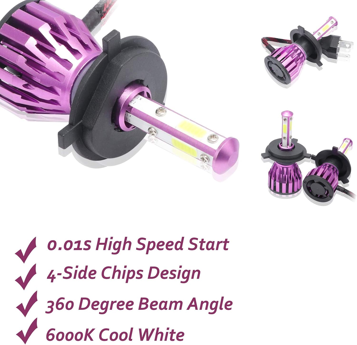 H4 9003 HB2 LED Headlight Bulbs 6000K Cool White High Low Dual Beam 12000lm 360 Degree 4 Side COB Chips Super Bright All-in-One Auto Headlamps Conversion Kit Plug & Play