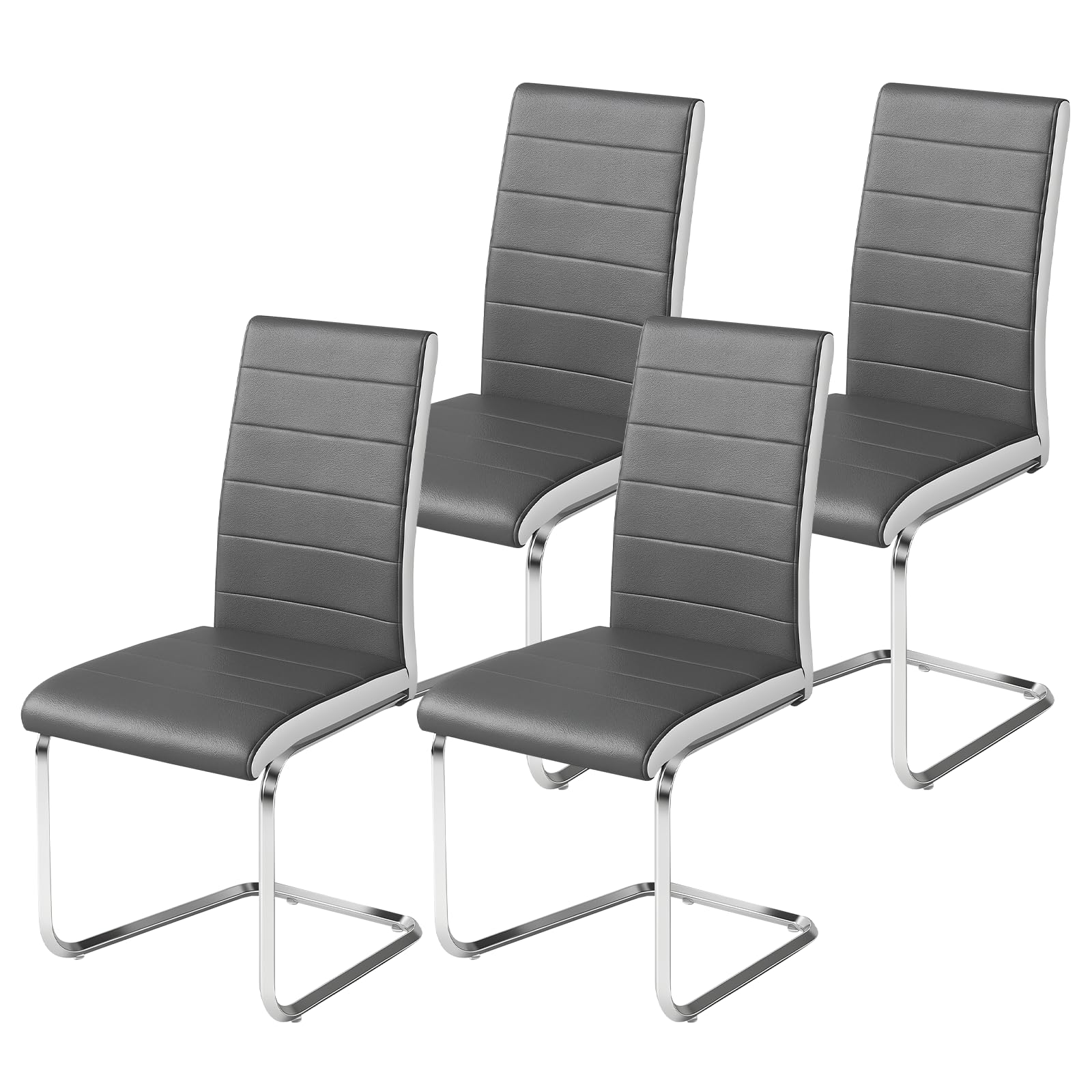 Panana Modern Dining Chair, Grey Faux Leather, High Back Dining Chairs with Chrome Base (4)