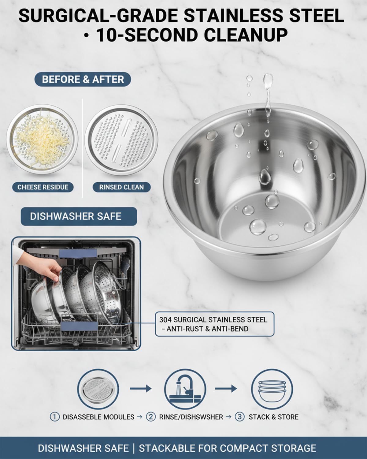 Germany Multifunctional Stainless Steel Basin, Metal Rice Rinser, Pasta Strainer for Kitchen, 5 in 1 Upgraded Vegetable Slicer, Professional Drain Basket, Shredding Chopping Mixing Bowl (11.81in)