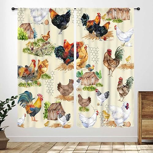 Miniatura 7 de Cortinas de cocina de granja, animales de granja rústica, gallo, pollo, leche, vaca, cerdo, molino de viento, granero rojo, retro, casa rural,