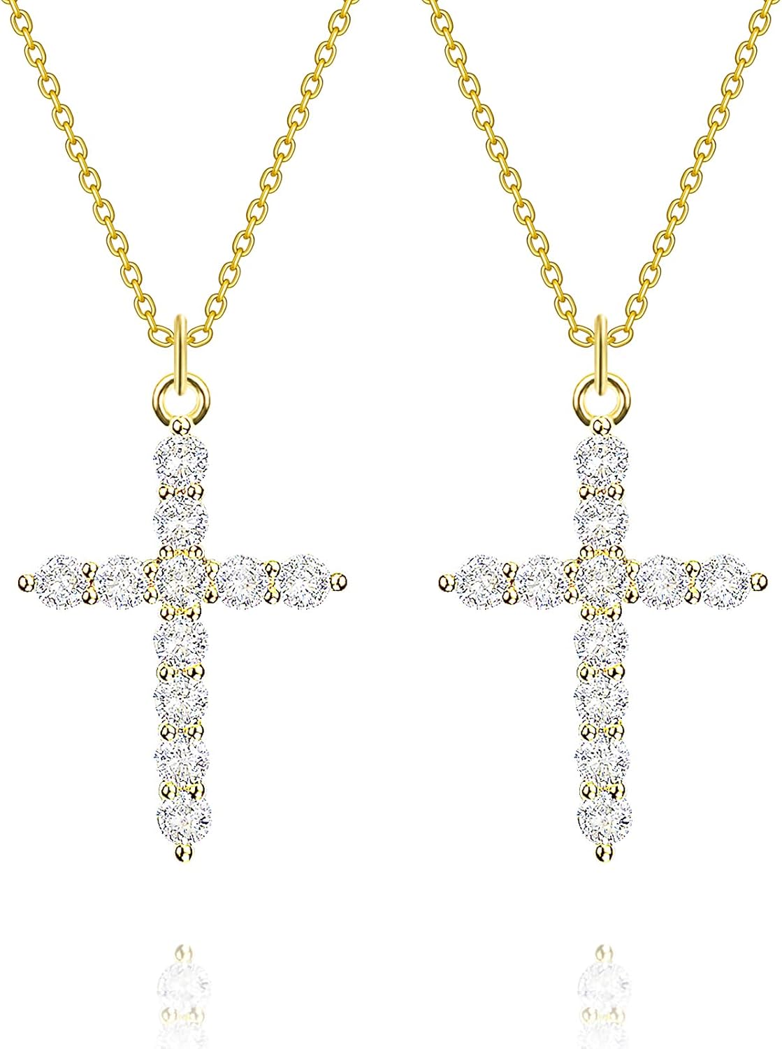 2 pcs, 18K Gold Plated Necklace for Women, Cubic Zirconia Faith Cross Necklace, Religious Christian Jewelry Gifts, Christmas and Easter Jewelry Gifts