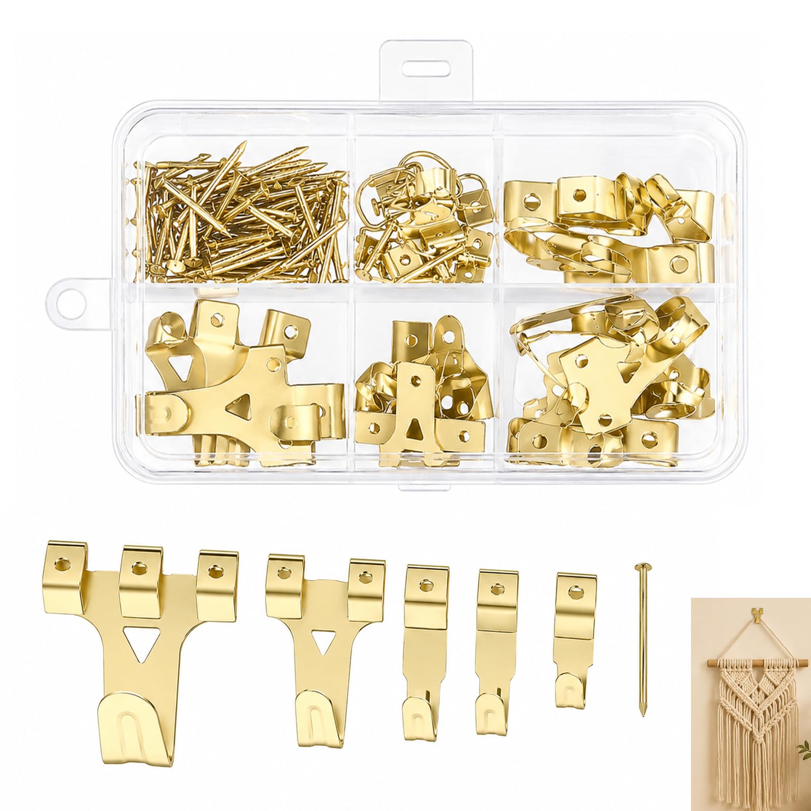 130 PCS Picture Hooks, Picture Hanging Kit Heavy Duty for Plasterboard Hard Walls Drywall and Wood Walls Frame Hangers Mirror Hanging Hooks Brass Wall with Nails for Photos Paintings Clocks Decor