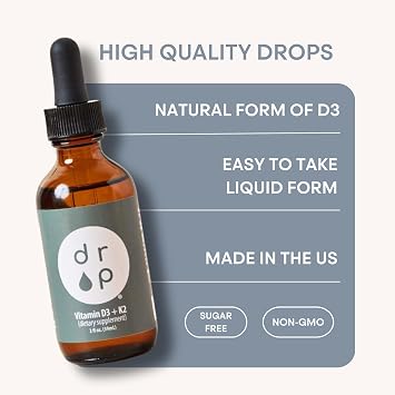 Drop Vitamin D3 + K2 Liquid Drops, 1000 IU Vegan D3 from Lichen, 45 mcg K2 (MK-4 and MK-7), with Organic MCT Coconut Oil, Bone and Immune Support, Non-GMO and Vegan, 59 Servings, 2 fl oz