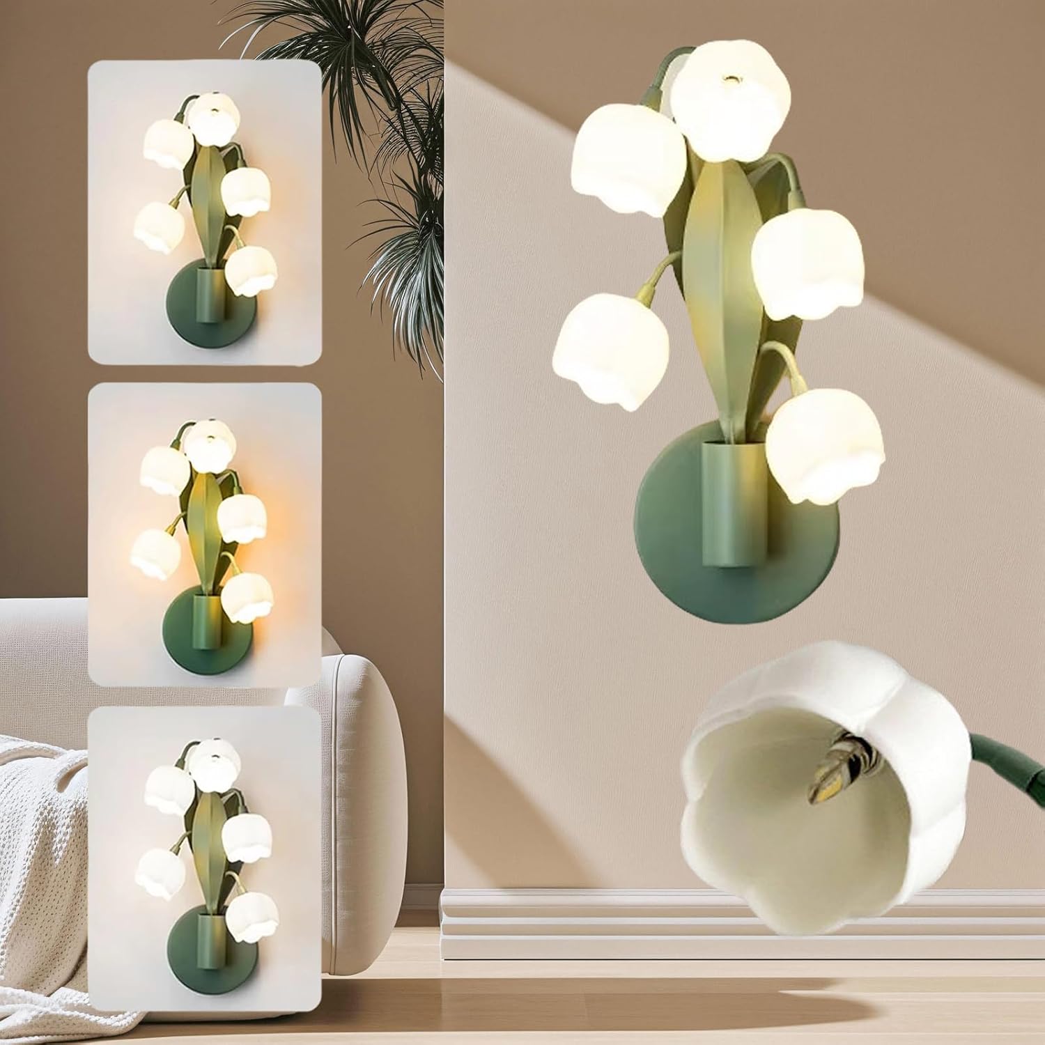 Image of Flower Wall Sconce Light 5 Lily of The Valley Lights Flower Wall Light Fixture with 3 Color, Floral Wall Sconces Lily Bedside Wall Lamps with G4 Led Bulbs for Bedroom, Living Room (Green)