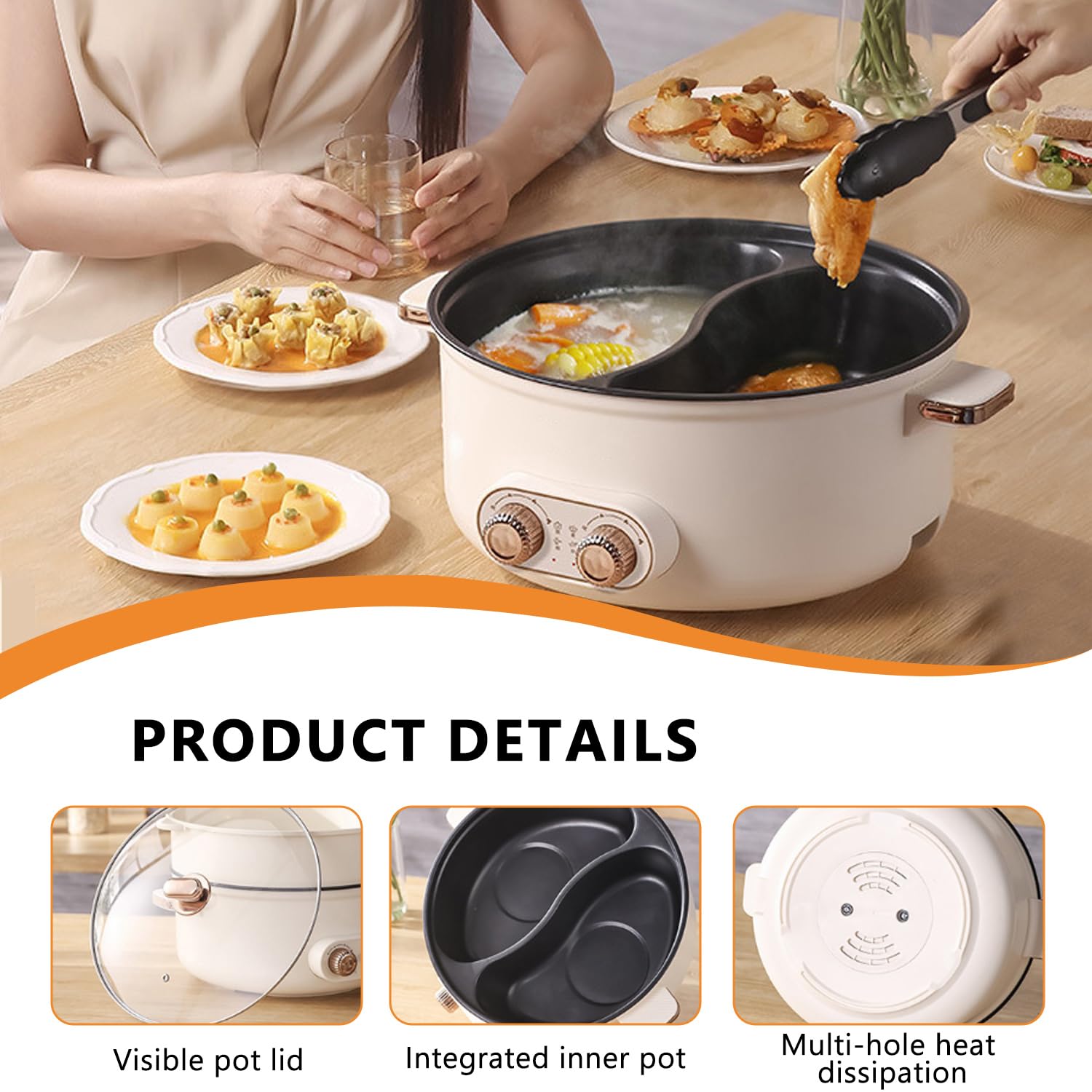 Hot pot électrique, 7,5 L Double Récipient avec Deux Régulateurs, 1600 W, Mijoteuse électrique avec Cloison de Séparation - 3 Vitesses, Hotpot Multifonctionnel pour Rôtir, Préparer des Ramen