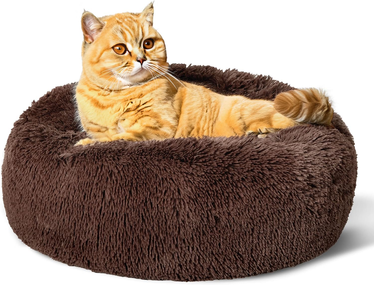 SEOUGEE Calming Donut Cat Bed, Fluffy Plush Round Dog Bed, Cosy Soft Washable Cushion Warming Pet Beds with Non-Slip Bottom, Indoor Sleeping Cuddler Nest for Cats Puppy Kitten (Coffee 40cm)